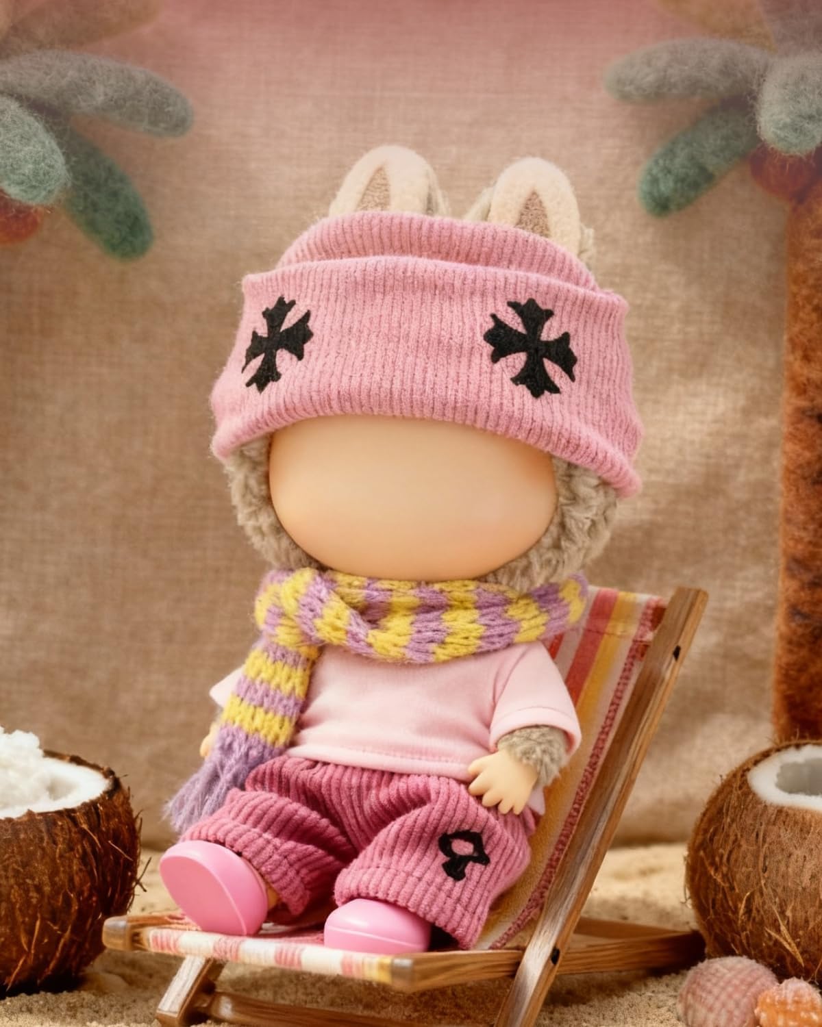 5Pcs Doll Clothes for Labubu – Pink Outfit Set with Hat & Scarf, Designer Clothes, Clothing & Accessories for 17cm Dolls (Doll Not Included)