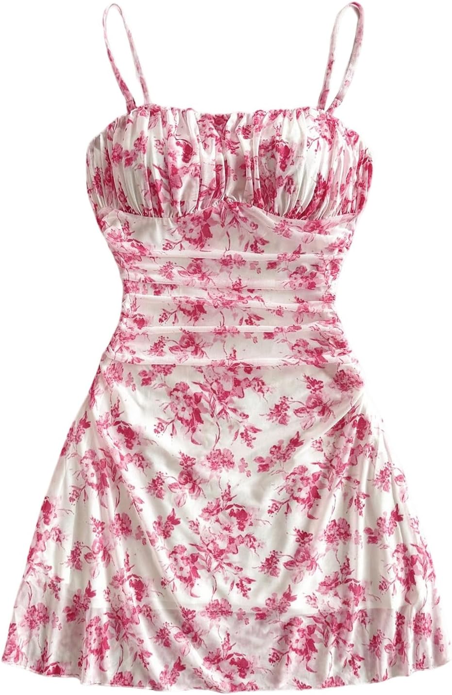 WDIRARA Women's Floral Print Ruched Cami Dress Spaghetti Strap Ruffle Hem Mesh Mini Dress