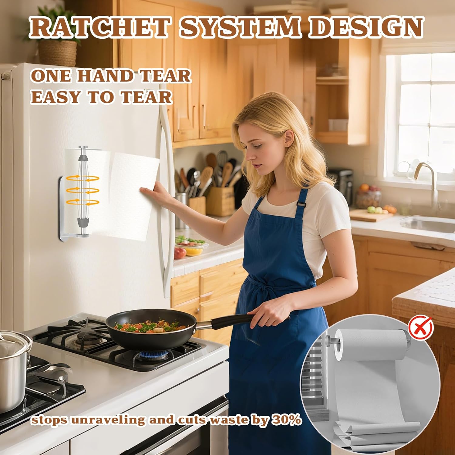 Magnetic Paper Towel Holder for Fridge - No Drill, One Hand Tear with Ratchet Mechanism, Silver, Self-Adhesive & Wall Mount for Kitchen, RV, Garage - Image 3