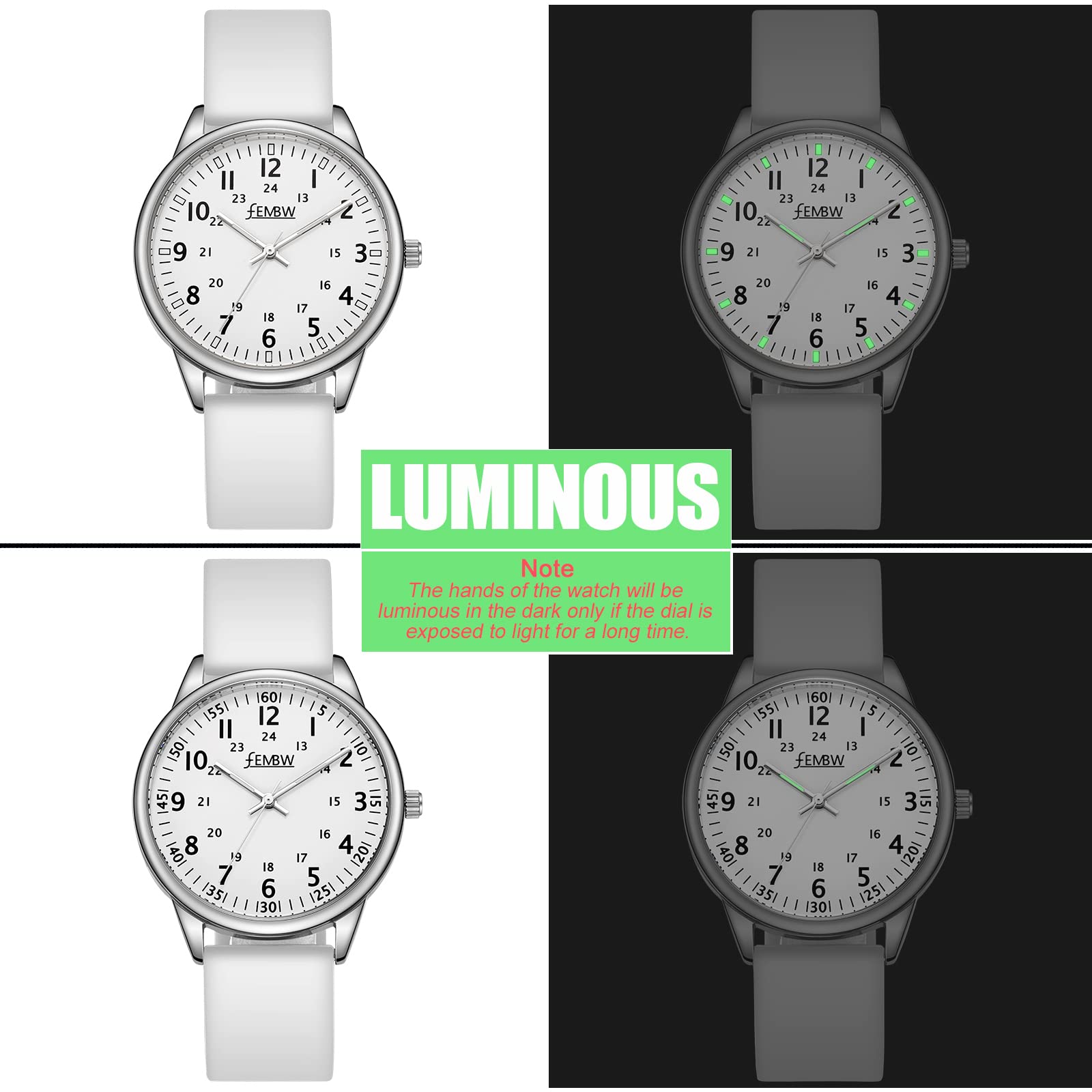 FEMBW Orologio da donna in silicone, cinturino in silicone, quadrante di facile lettura, lancette luminose, lancetta dei secondi, resistenza all'acqua 50M