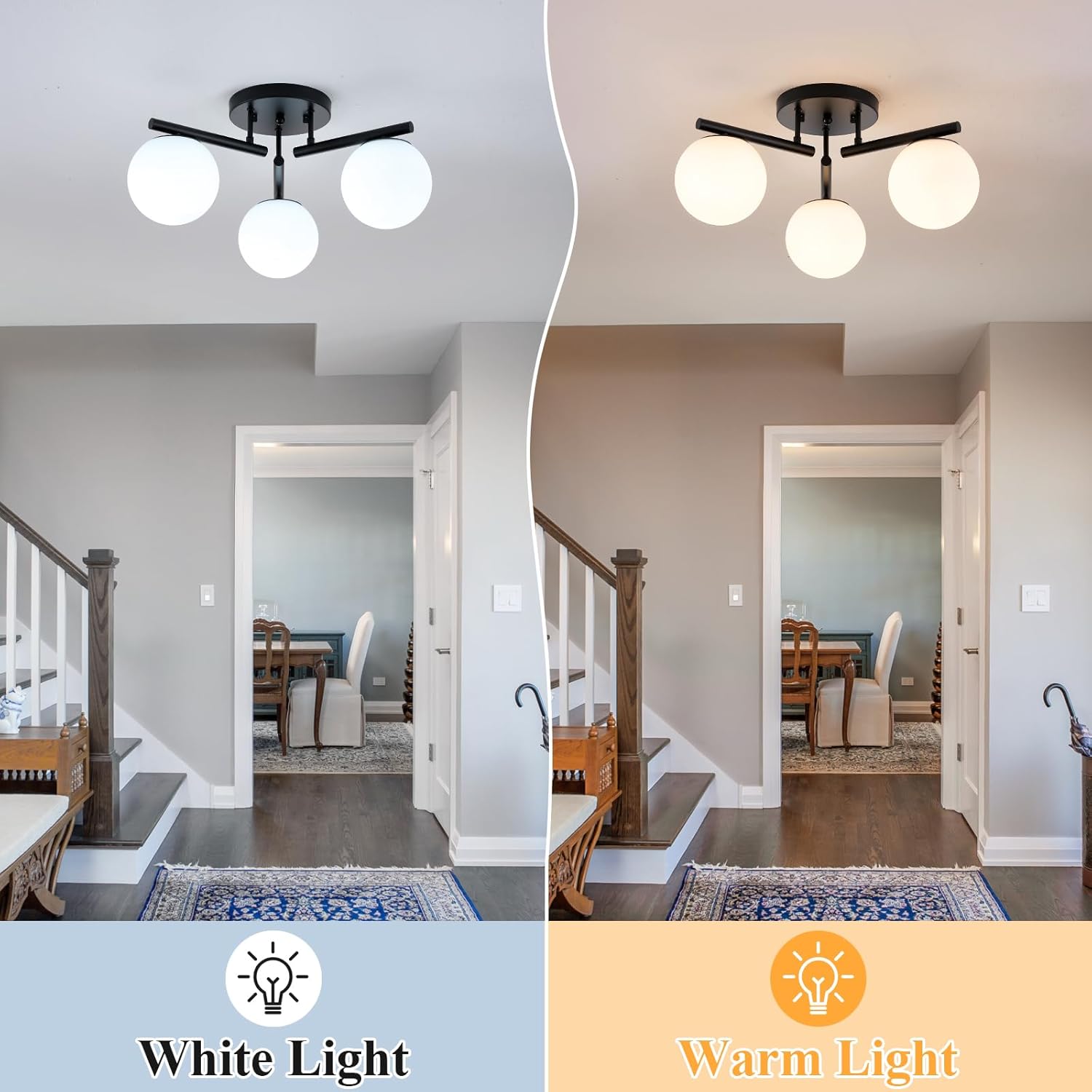 3 Light Modern Sputnik Semi Flush Mount Ceiling Light, Black Sputnik Ceiling Light Fixture, 21.65 '' Milky Glass Globe Mid Century Modern Ceiling Lights for Bedroom Hallway Living Room