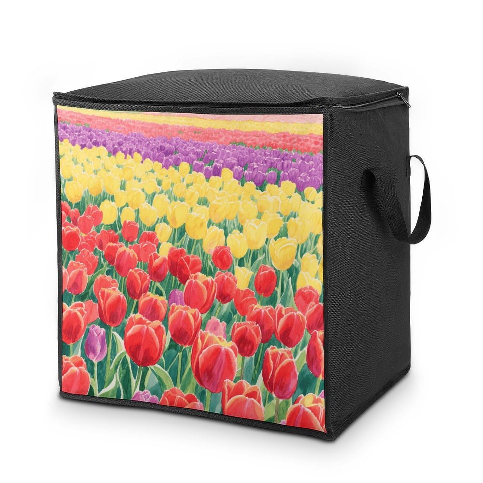 Tulip Field Storage Bag with Zippers And Handle Extra Large Bedding Comforter Storage Bag Foldable Blanket Storage Bags Fabric Moving Bags for Closet Organizer (70L)