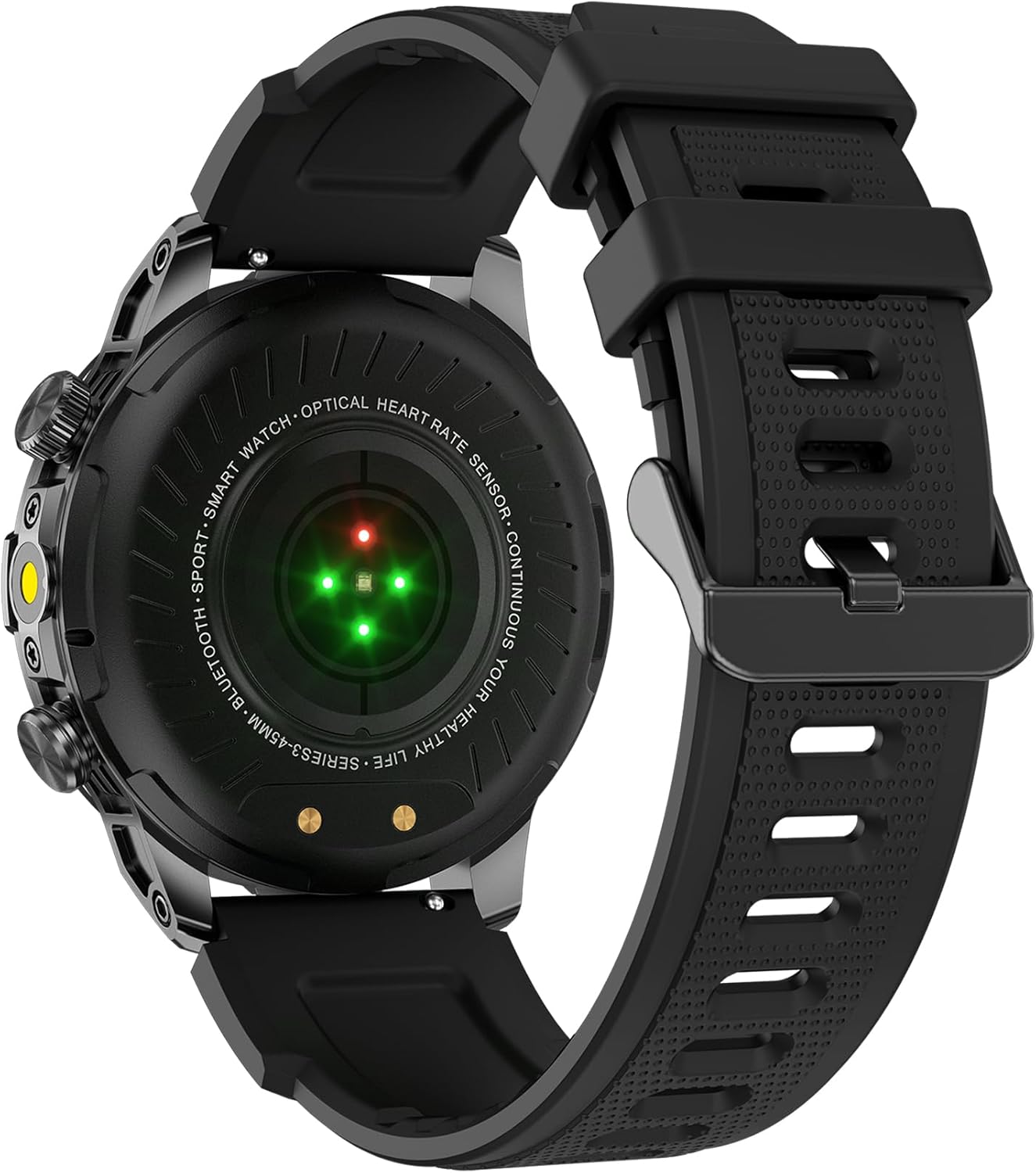 Back view of the VALDUS VD36 Pro Smartwatch, showing the optical heart rate sensor and two charging pins.