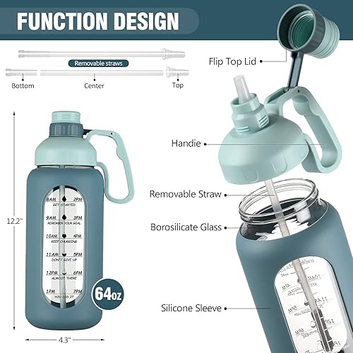 Miniatura 3 de MUKOKO Botellas de agua de vidrio de 64 onzas con popote, botella de agua de medio galón con marcador de tiempo, botella de agua motivacional con