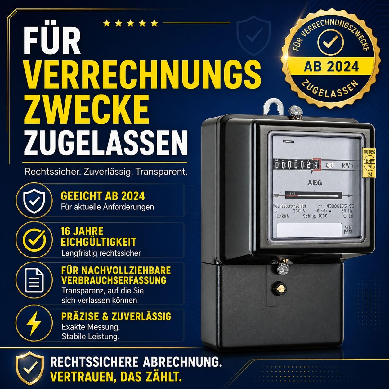 KDK Dornscheidt 111040 Wechselstromzähler 230V 10(40) A geeicht 16 Jahre für Verrechnungszwecke zugelassen, 1-phasiger Stromzähler mit Rollenzählwerk 5,1-stellig