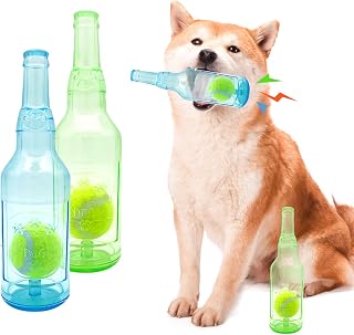 Aerbee 2Pcs Crunchnplay Bottle Toy for Dogs, Interesting Squeaky Dog Toys, 7.7" Rubber Water Bottle Toys with Tennis Ball, Pet Chew Toy, Outdoor Interactive Dog Toys Dogs Dental (Blue & Green)