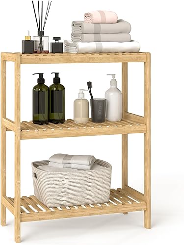 kinbor Estante de bambú multifuncional para baño, cocina, sala de estar, soporte para plantas y flores, estante de almacenamiento (3 niveles)