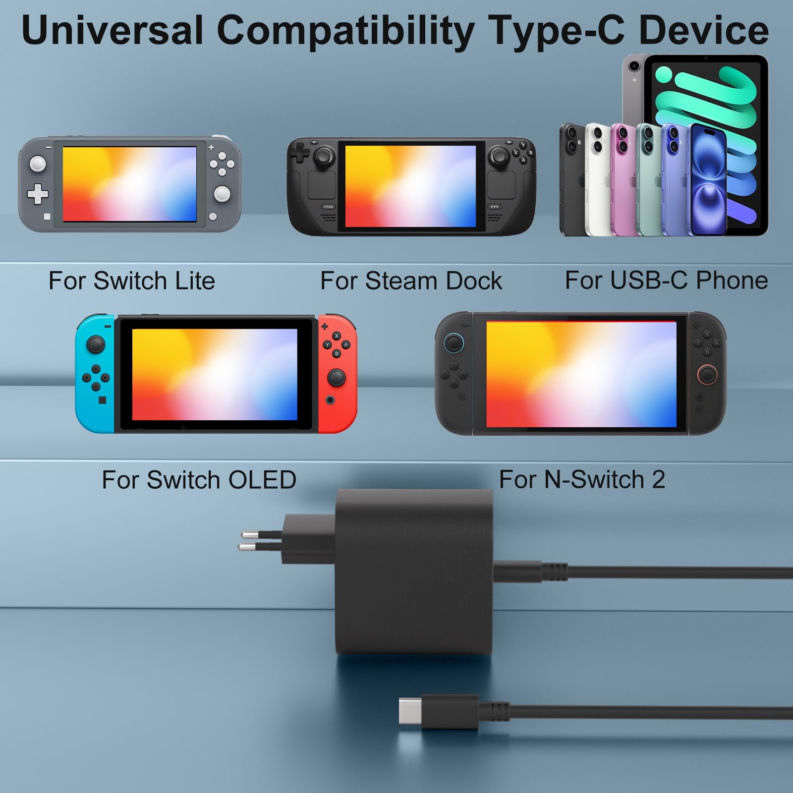 60W USB C ładowarka kompatybilna z Nintendo Switch 2/Steam Deck/Switch OLED Lite, 20V 3A zasilacz sieciowy szybkie ładowanie