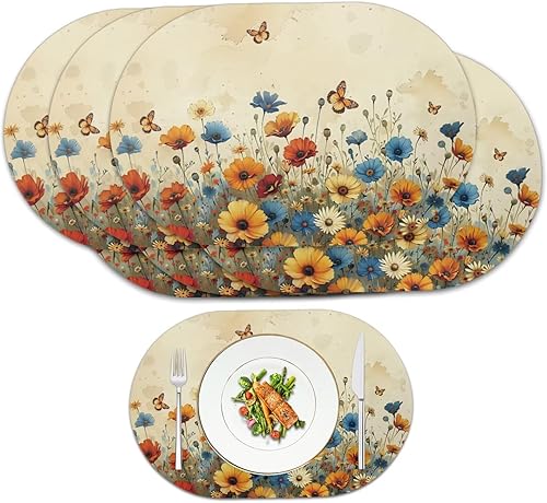 Miniatura 16 de Heat Resistant Placemats Oval Placemats Set of 6 Leather Washable and Wipeable Non Slip Place Mats, Waterproof Modern Dining Table Mats, Oval Floral