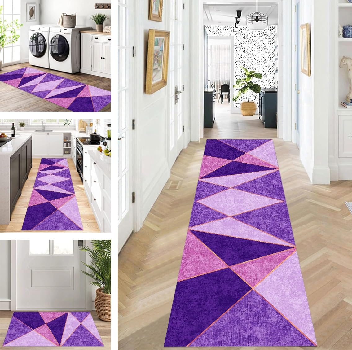 Tapis de couloir long - Rose - Violet - Antidérapant - Lavable - Design moderne - 80 x 450 cm - Tapis de cuisine au mètre - Pour salle à manger, chambre à coucher, salon