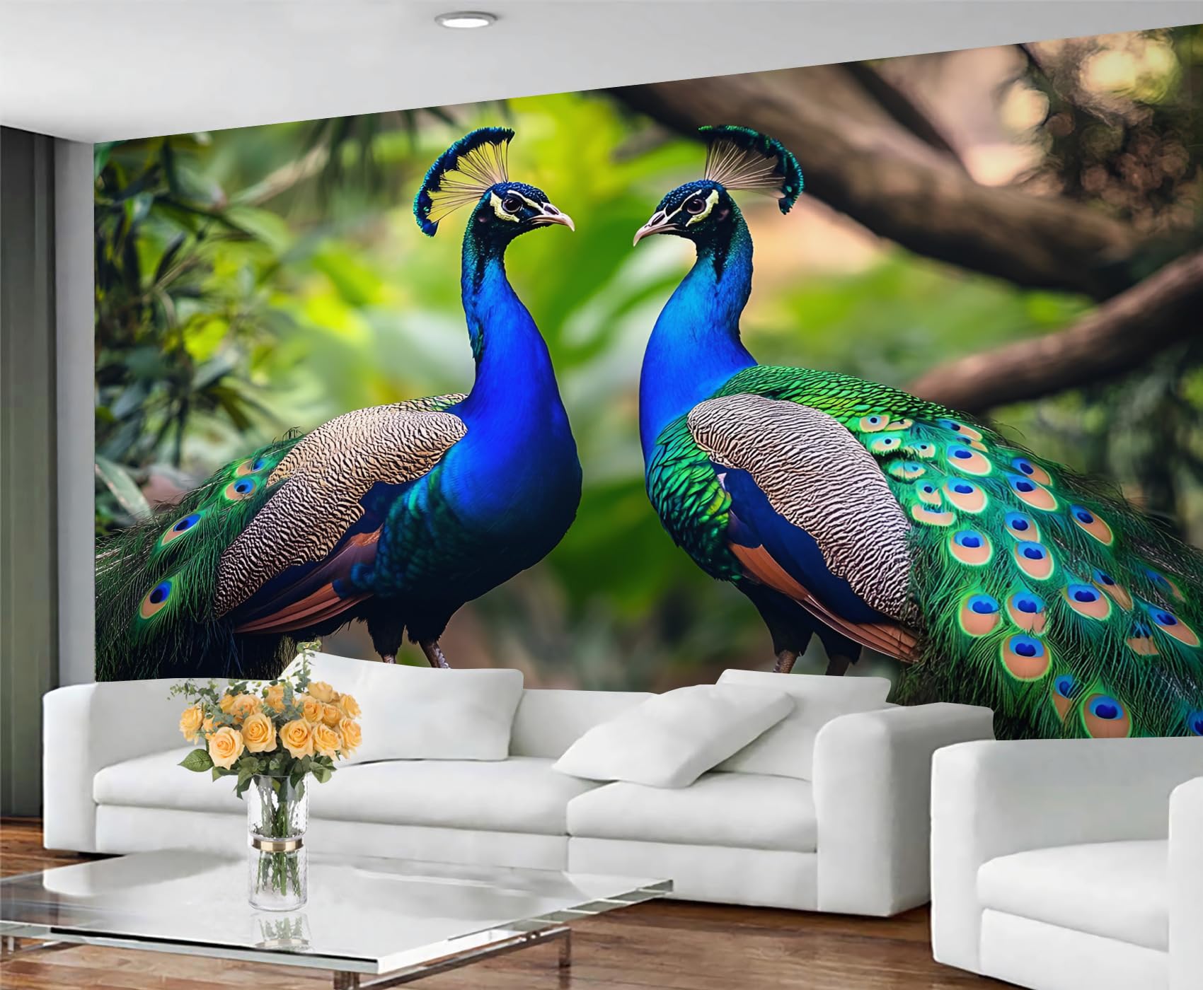 GIVLWF Forest Peacock Wallpaper, Peacock Feather Peel and Stick Wallpaper for Bedroom, Beautiful Animal Wall Paper for Living Room, Watercolor Bird Wall Mural, Exotic Large Mural & Room Decor