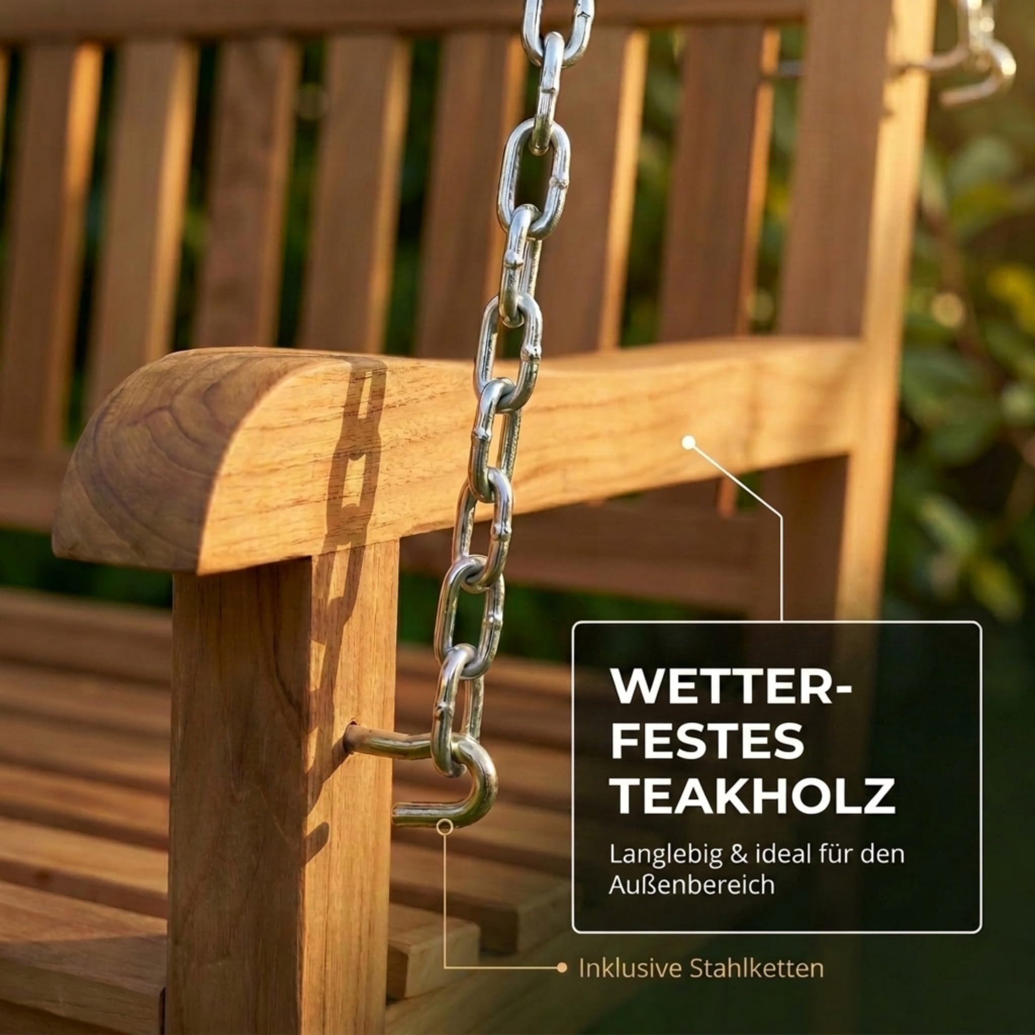 SAM Premium Hollywoodschaukel 2-Sitzer Susana, Schaukelbank 120 cm Teakholz massiv lackiert, hängende Holzschaukel Gartenschaukel wetterfest für Garten Terrasse Balkon Outdoor, Unikat
