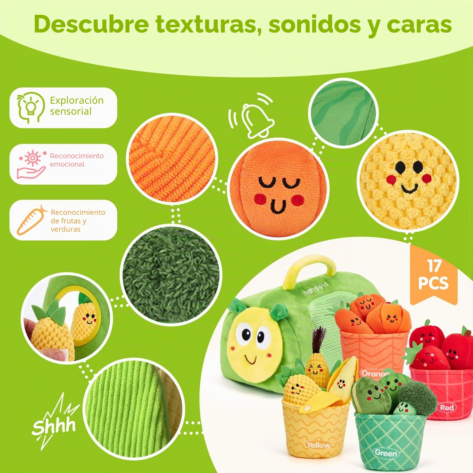 hahaland Peluches de Frutas y Verduras, Juguetes Bebes 6-12 Meses con Sonajas y Cesta y Bolsa-Oruga, Juguetes Montessori Educativos para Bebé 9 12 18 Meses, Regalo Juguetes Niños 1 Año