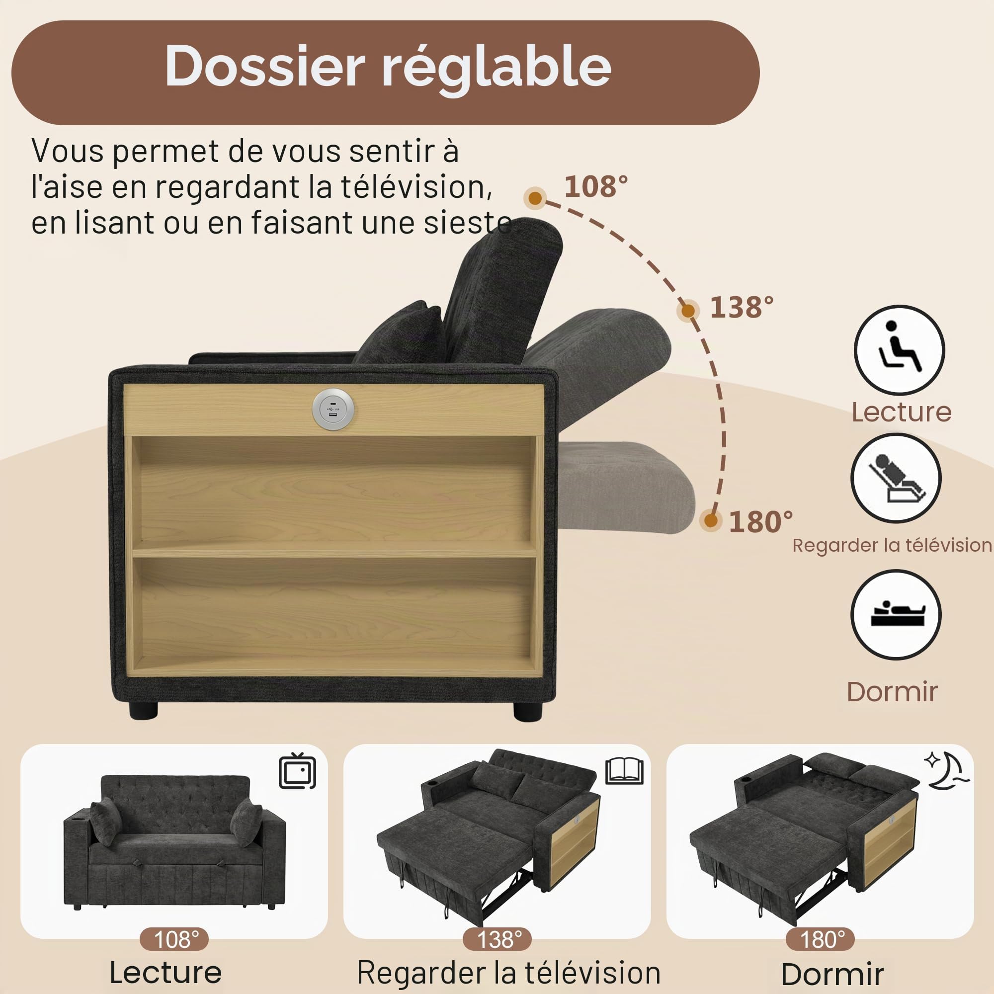 Yihomfy Canapé-lit 2 Places,Canapé Convertible avec Coussins Porte-gobelet, Espace de Rangement - Canapé-Lit Convertible Moderne Canapé-lit Pliant 3 en 1 avec Dossier Réglable,Gris