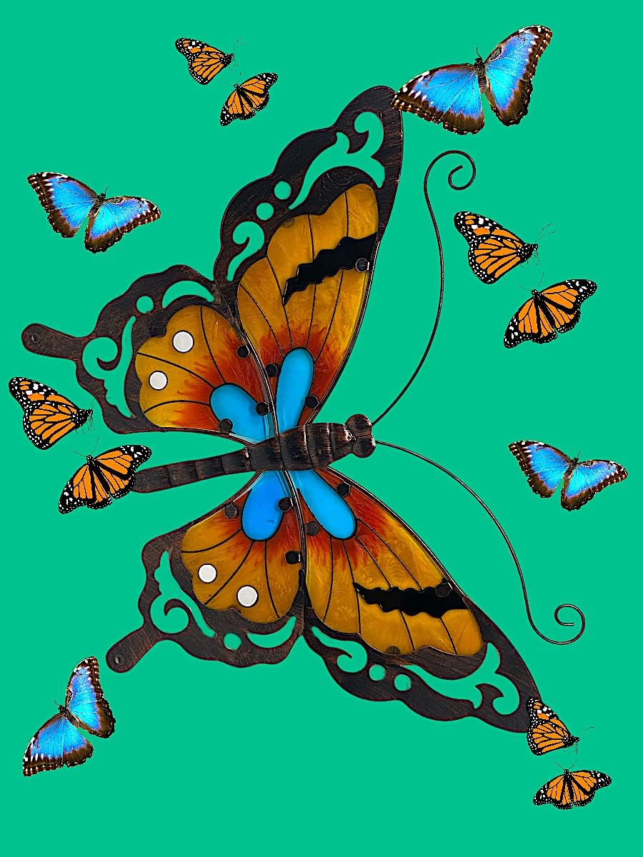 STC World Large Butterfly Metal & Stained Glass Colorful Garden Art Decor Pediment Sculpture Fence Wall Yard For Indoor Outdoor 19" x 14" (Butterfly)