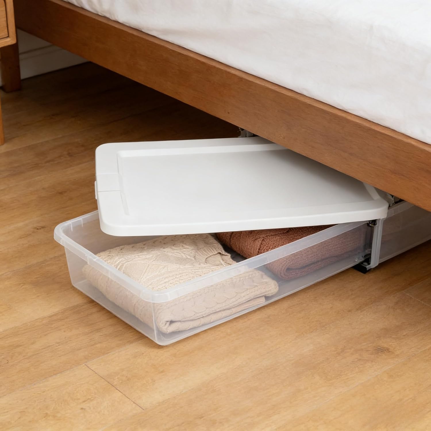 2 Pack Under Bed Storage Bin with Lid,41 Quart Clear Plastic Container for Clothes Linens,29.5x18x6 Inch Stackable Organizer Box with Snap-On Cover,Transparent Underbed Design