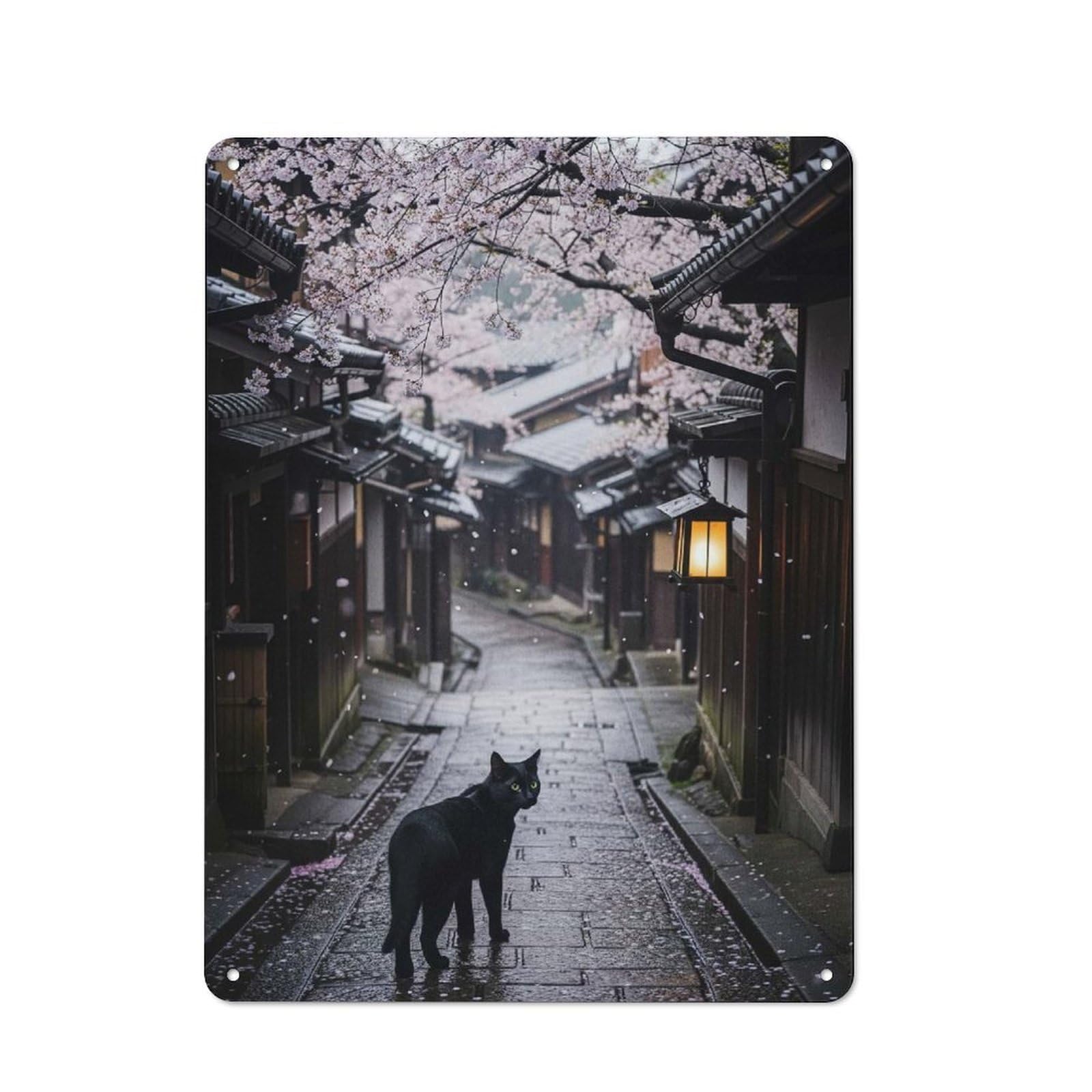Junmoney Style-4 Understated Decorative Metal Sign 40X30cm Featuring Black Cat In Japanese Cherry Blossom Alley, Study Room Decor For Workspace, Cafe, Shop Or Desk Area