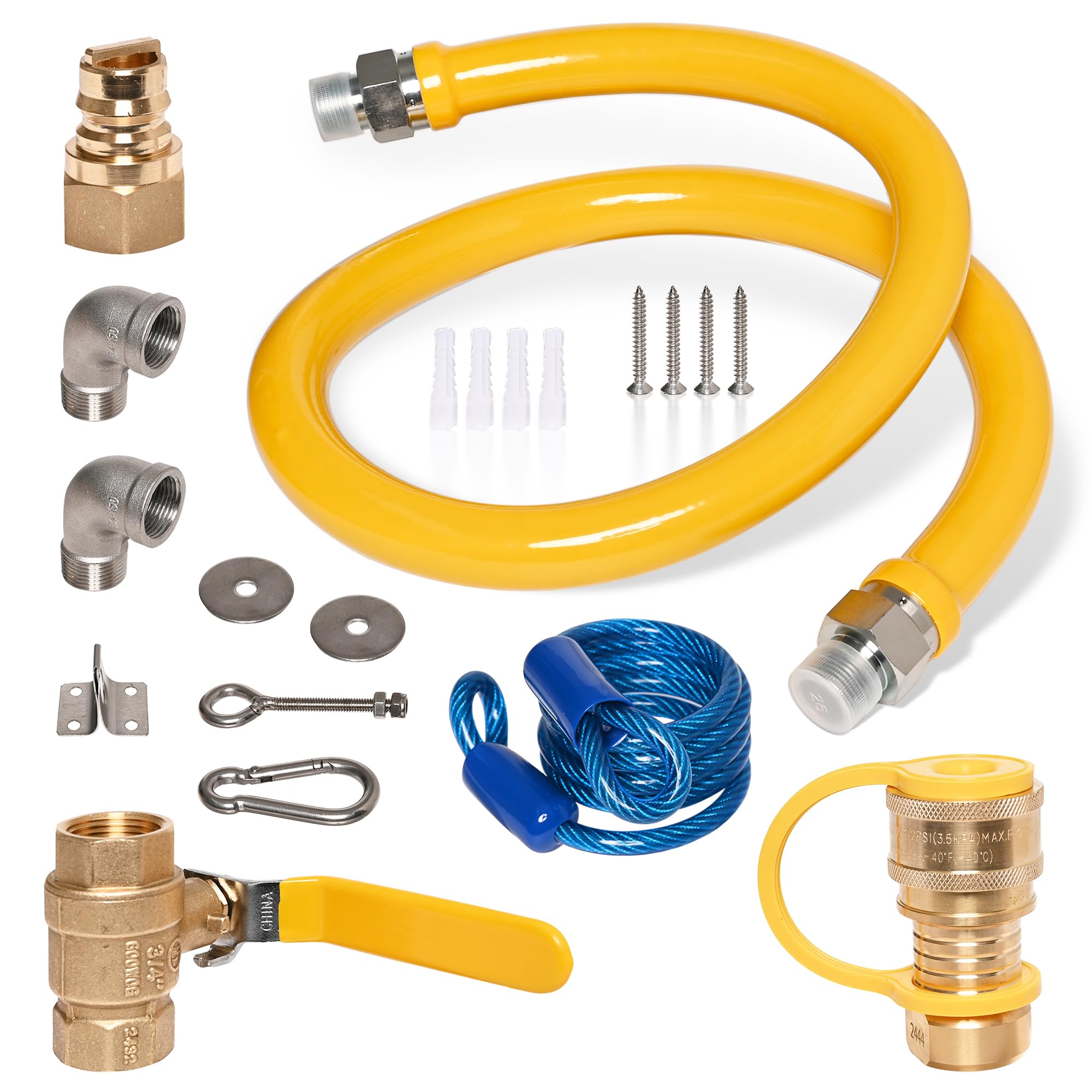 1675kit48 Safety System Kit, 48" Gas Hose Connector Kit with Full Port 3/4" Quick Disconnect 3/4 Gas Flex Line and 2 Elbow Fittings, Gas Line Hose for