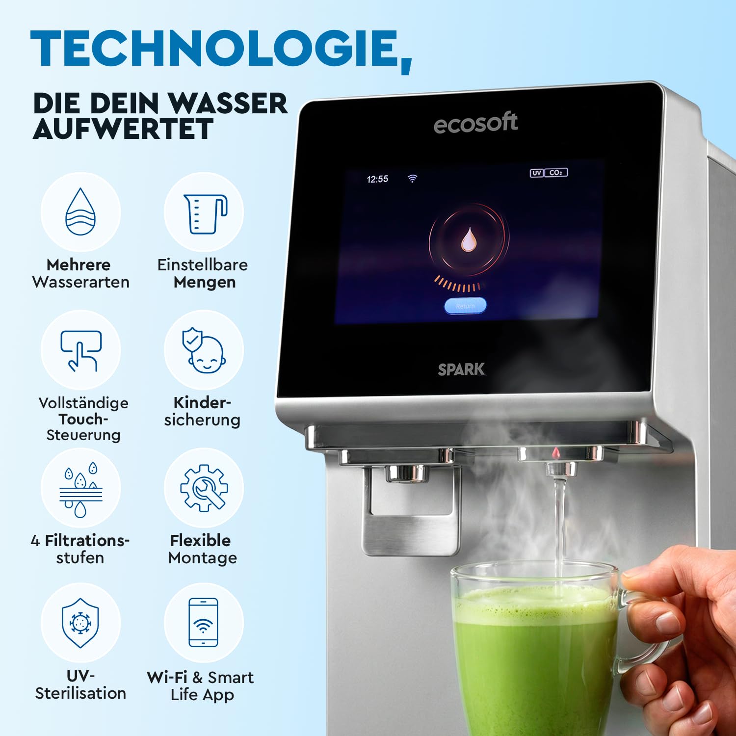 Ecosoft Spark Umkehrosmose Wasserspender 4-Stufige Filtrierung UV-Reinigung Touchscreen WLAN-App-Steuerung Sprudel Kalt Heißwasser