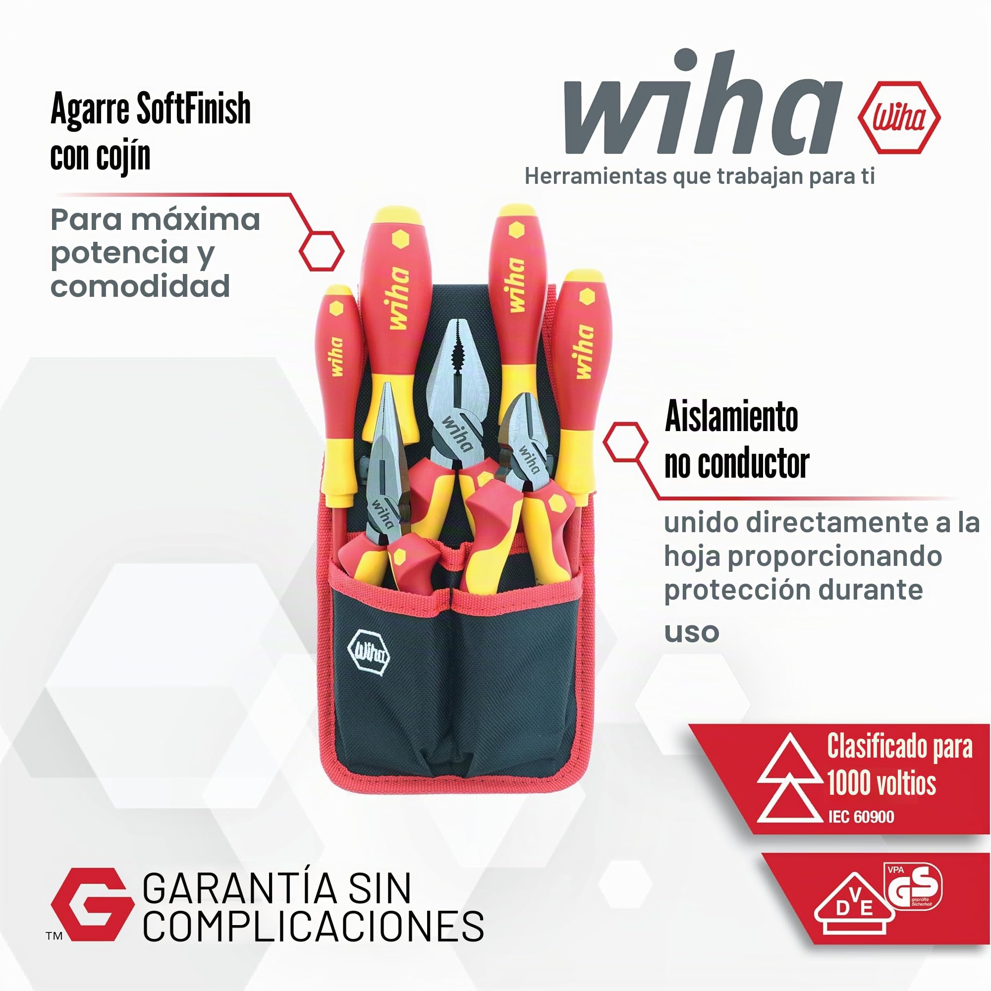 Wiha 32985 Juego de 7 alicates industriales aislados/cortadores/correa de conductor
