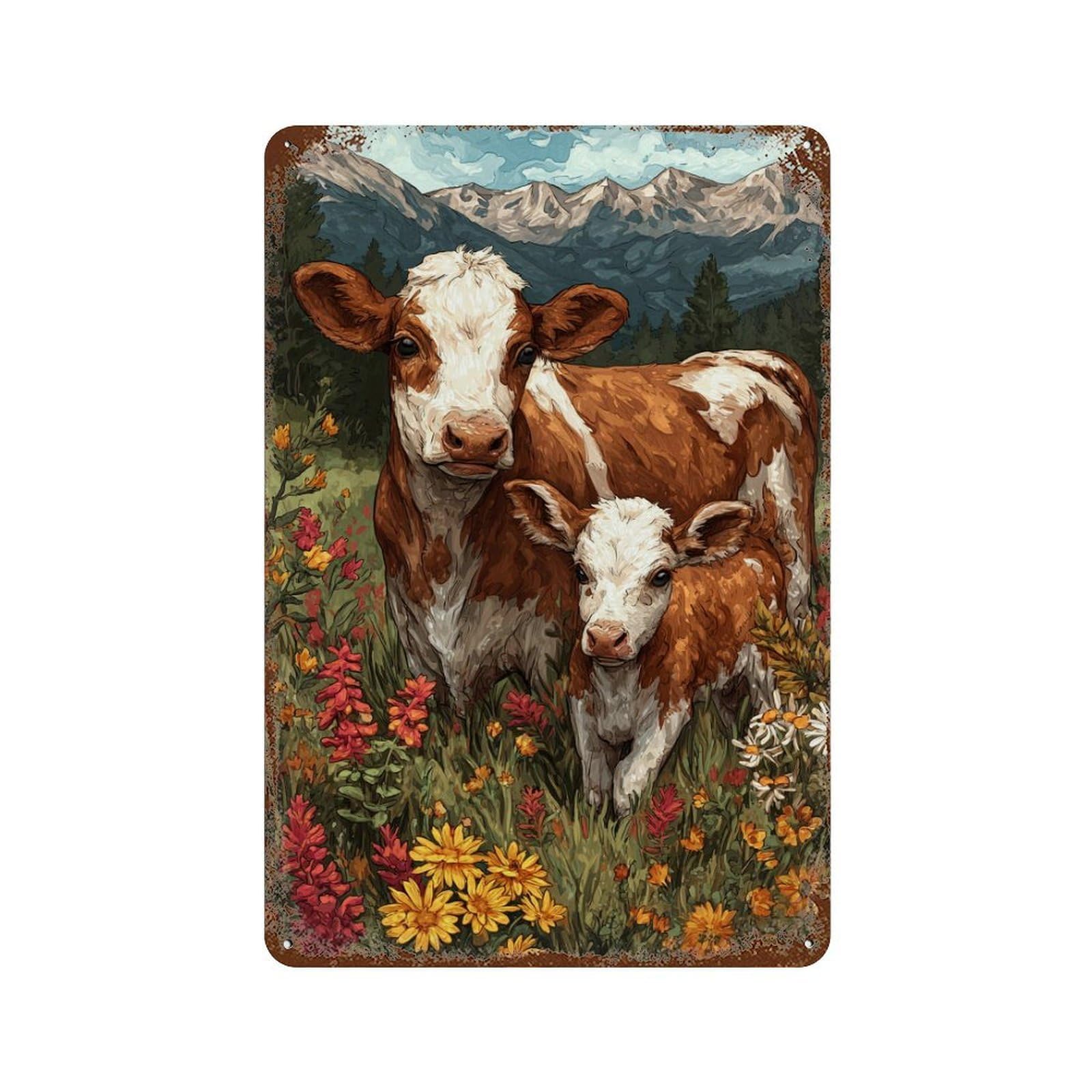 Mountain Pasture Cows Flowers Retro Metal Sign 11.8"x7.9", Shabby Chic Decor for Bistro, Counter And Cafe Decor