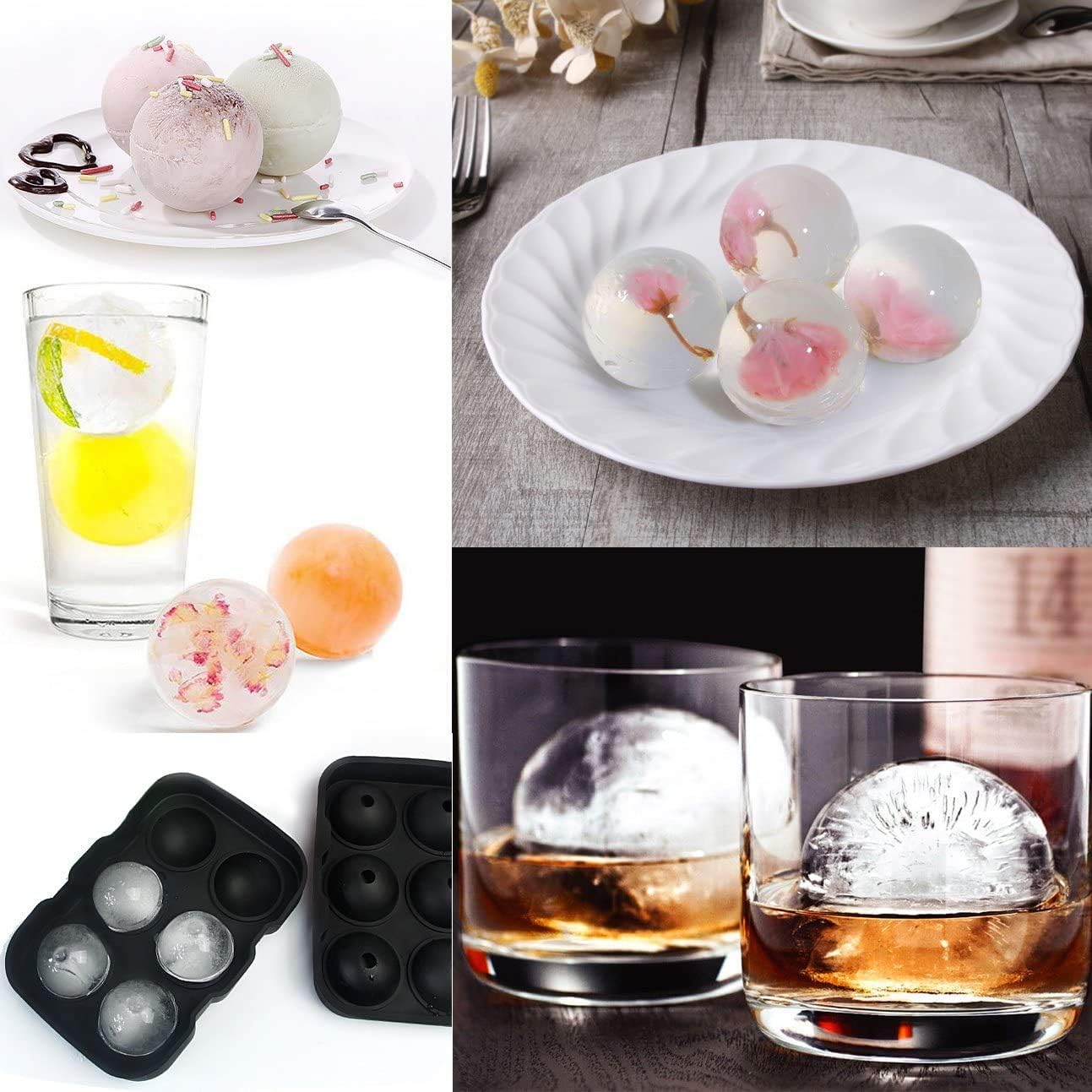 Ouddy 2 Pcs Ice Cube Tray, Square Ice Cube Mold & Sphere Ice Ball Maker Mold for Whiskey Freezer with A Funnel & Clip for Cocktails, Reusable Silicone Ice Trays