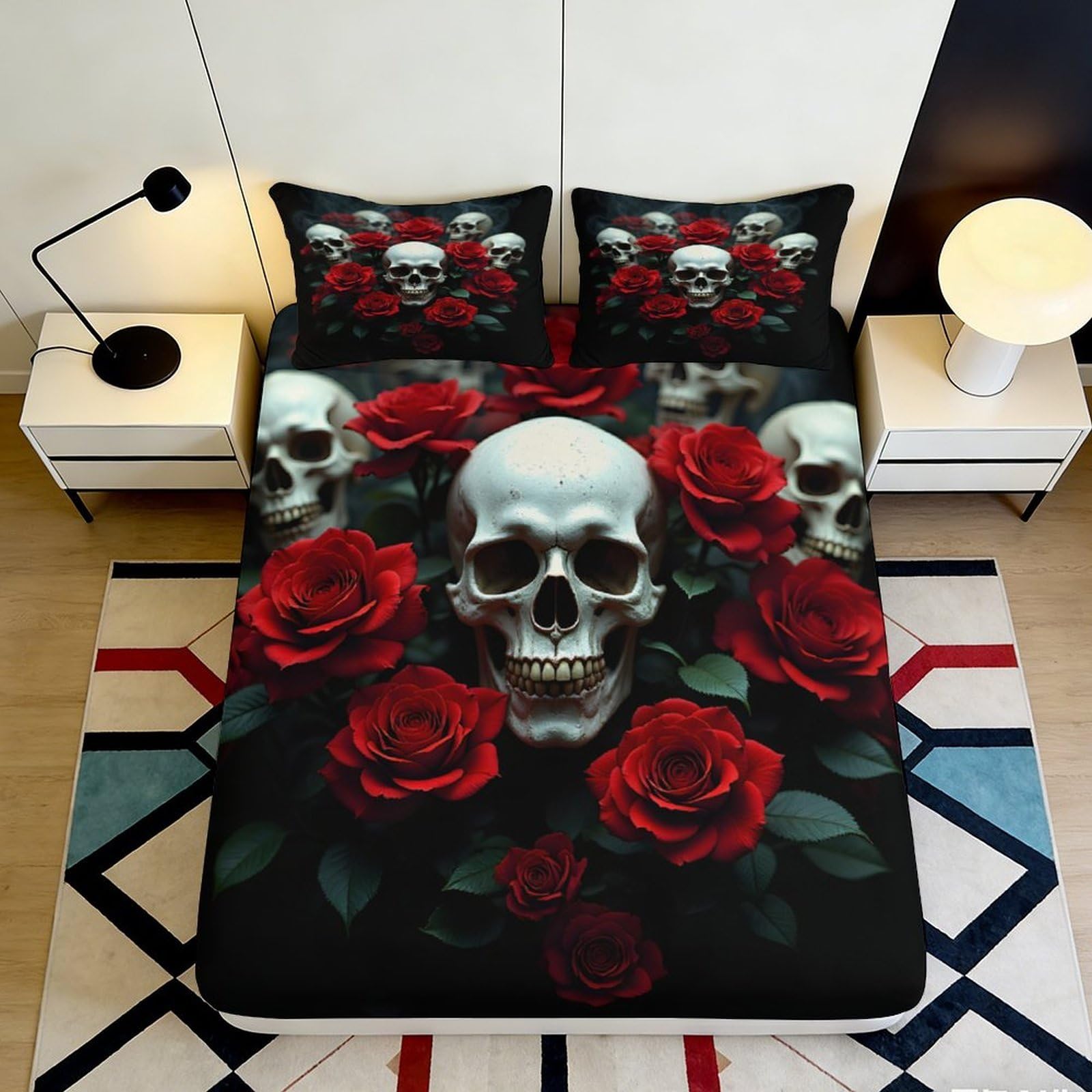 Pnayamiorkfel Style-1 3D Printed Skull And Red Rose Fitted Sheet Microfiber Soft Mattress Cover For Bedroom Dorm Dustproof Washable Decor 90X200x25cm