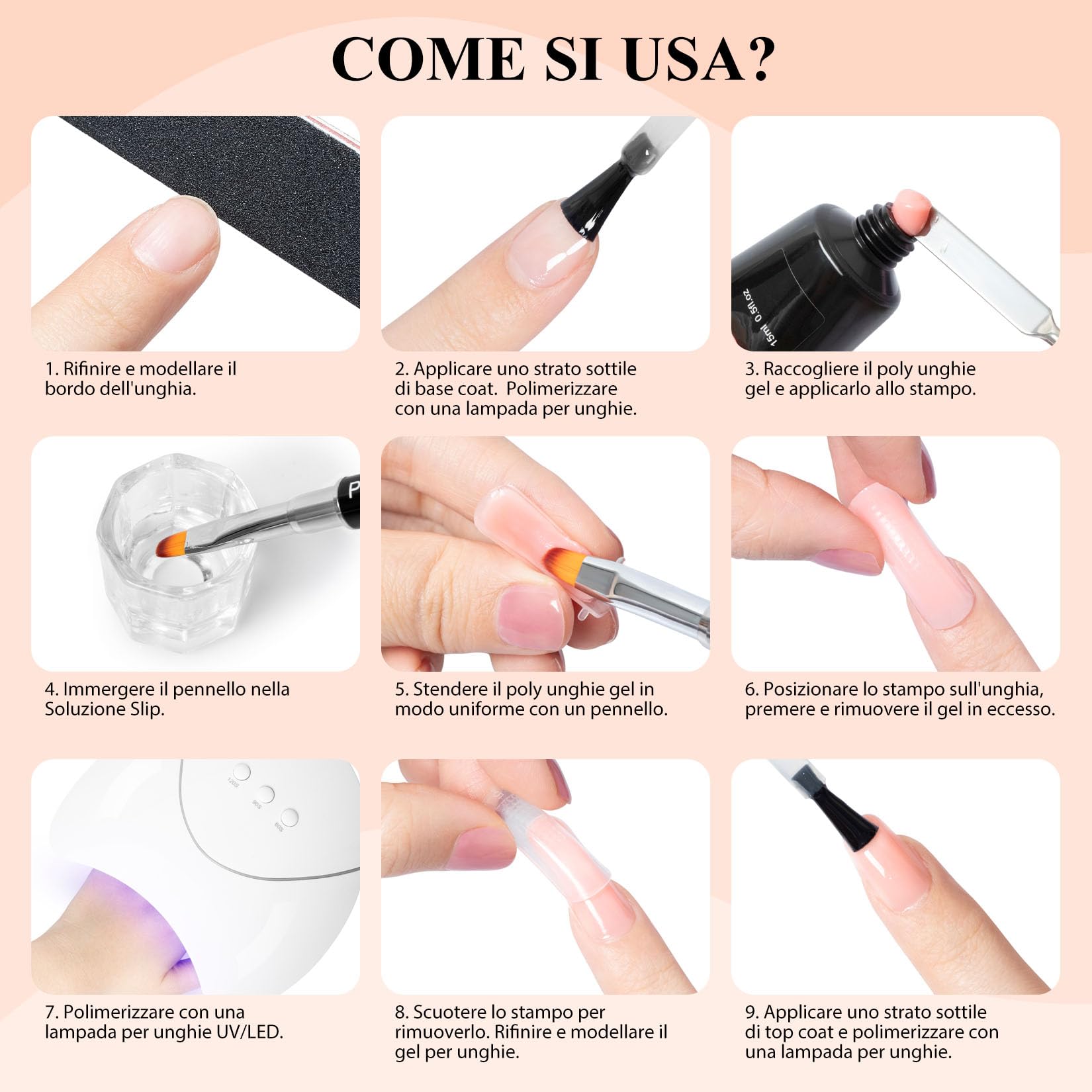 Kit Unghie Gel Completo, Phoenixy 8 Colori Rosa Gel Ricostruzione Unghie con Lampada per Unghie 36W U V/LED, Kit Ricostruzione Unghie Professionale con Base y Top Coat
