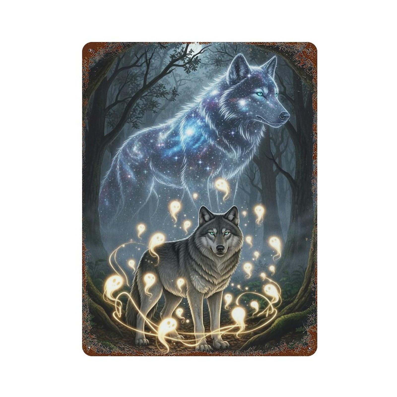 Mystical Wolves Enchanted Forest 15.7"x11.8" Decorative Tin Sign, Rustic Home Decor for Patio, Garden Room And Bar Decor