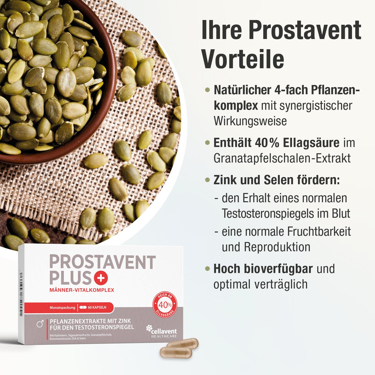 Prostata Kapseln - Sägepalmenextrakt (saw palmetto) - natürliche Extrakte aus Kürbiskernen, Granatapfelschale & Brennnesselwurzel - Selen & Zink für den Testosteronspiegel, 180 Kapseln für 3 Monate
