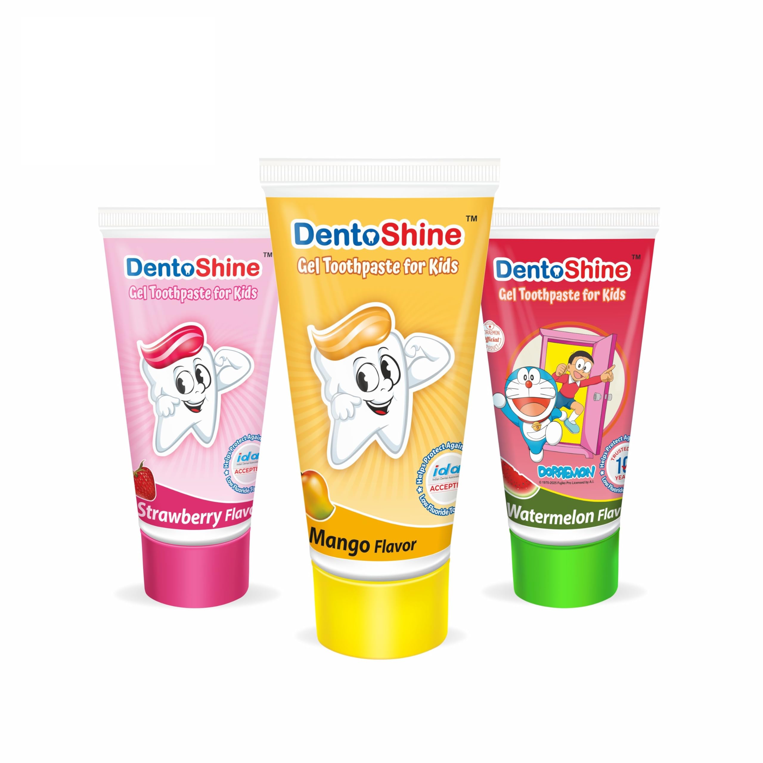 DentoShine Pasta de dientes en gel para niños | Paquete de 3 sabores (fresa, mango y sandía, 80 g cada uno)