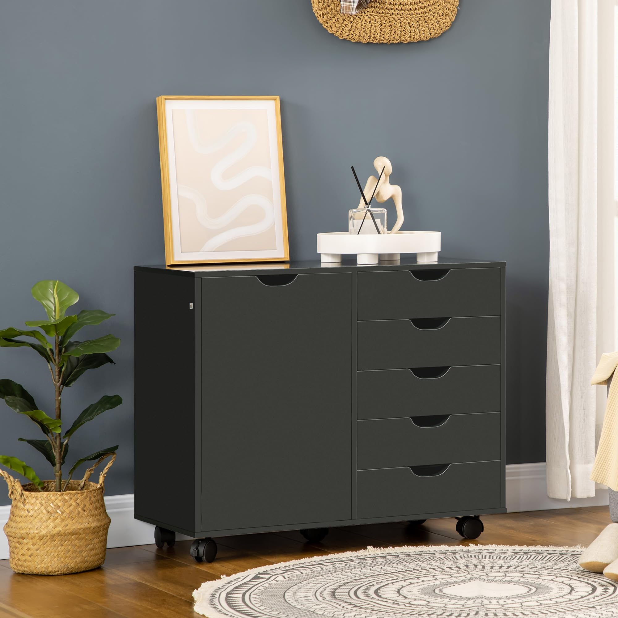 HOMCOM Mobilny subwoofer biurkowy z 5 szufladami i 1 drzwiczkami, regulowana półka, szafka do przechowywania na biurko, skrzynka do przechowywania na kółkach, na dokumenty i artykuły pa, 78 x
