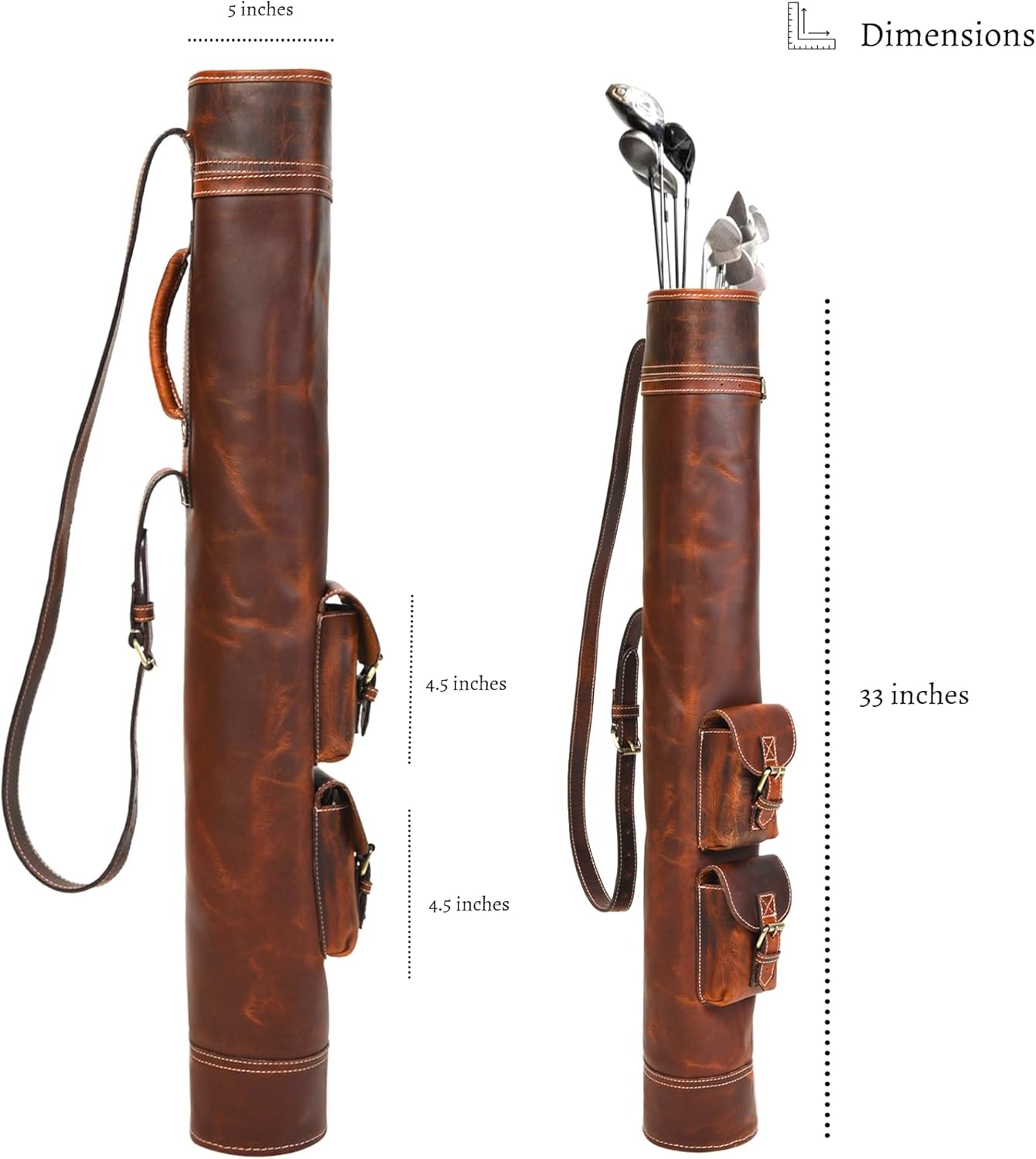 Handmade Leather Golf Club Carry Bag – Brown Vintage Style with Shoulder Strap and Metal Buckles, Soft Lining, Fits 5–6 Clubs | Golf Travel Bag