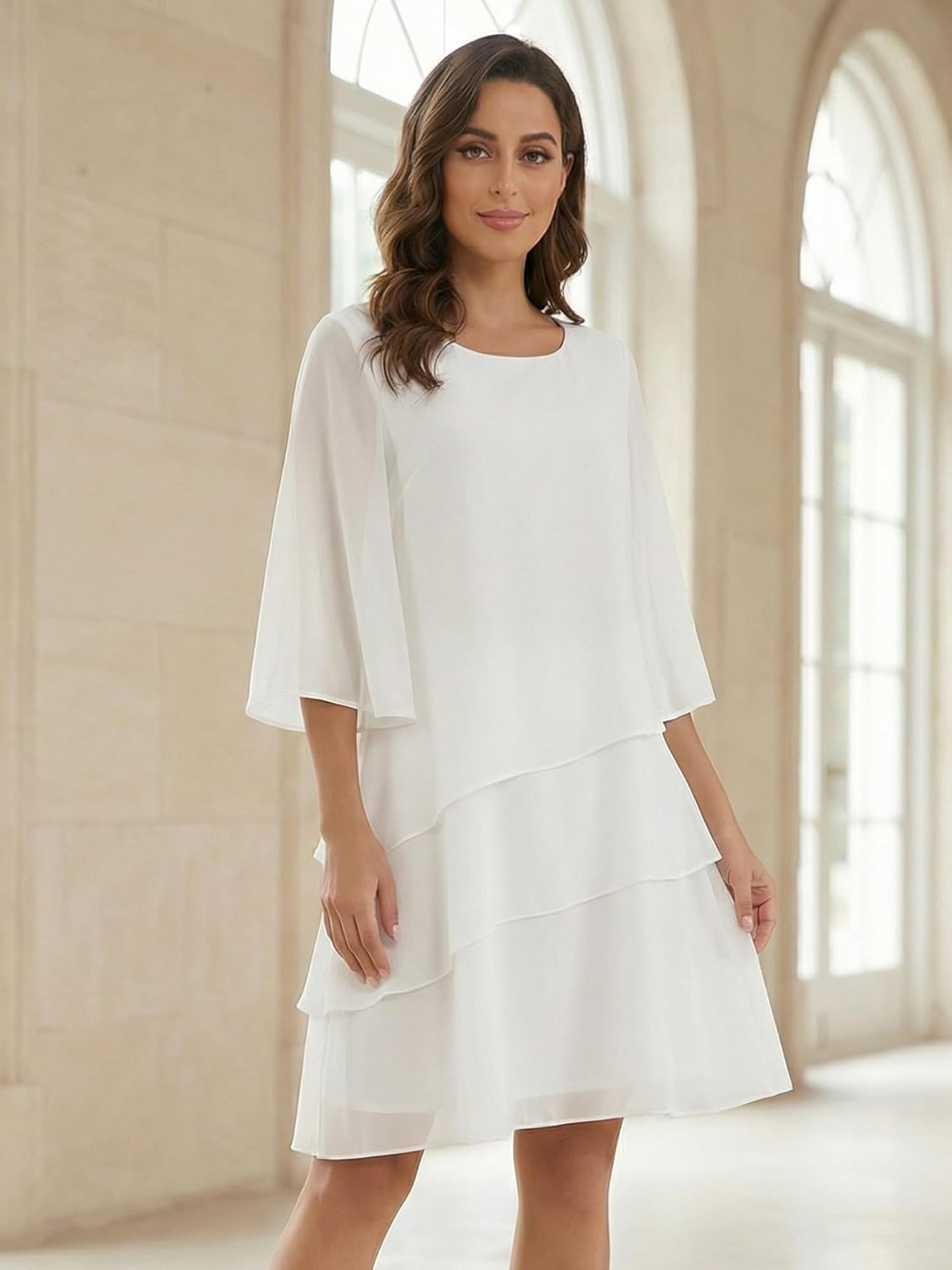 Seta T Women's Chiffon Dresses 3/4 Bell Sleeve Crewneck Tiered Layered Flowy Dress Party Wedding Outfits Small Whites - Image 4