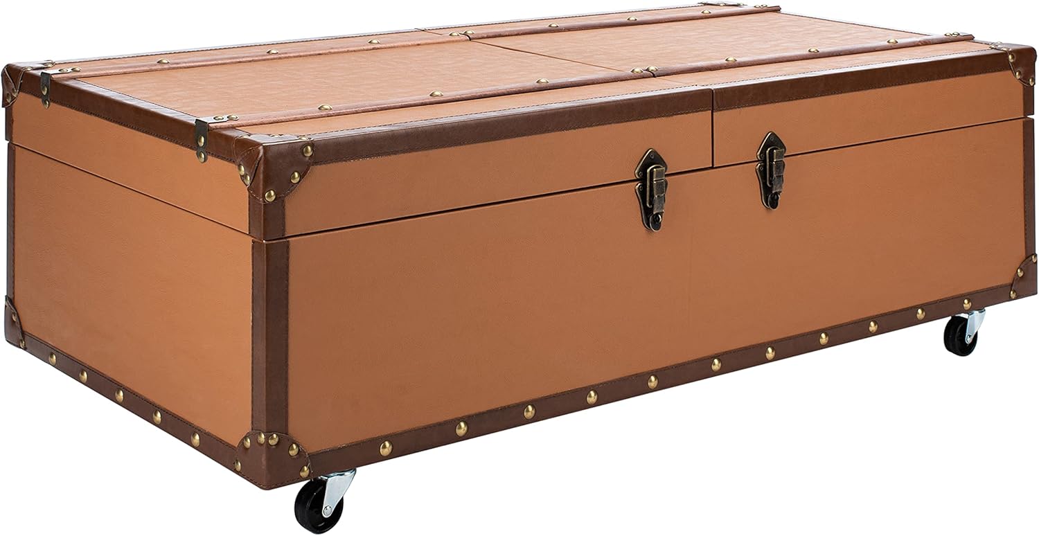 SAFAVIEH Home Collection Zoe Cognac Brown Faux Leather Storage Trunk Wine Rack Coffee Table with Caster Wheels (Fully Assembled)