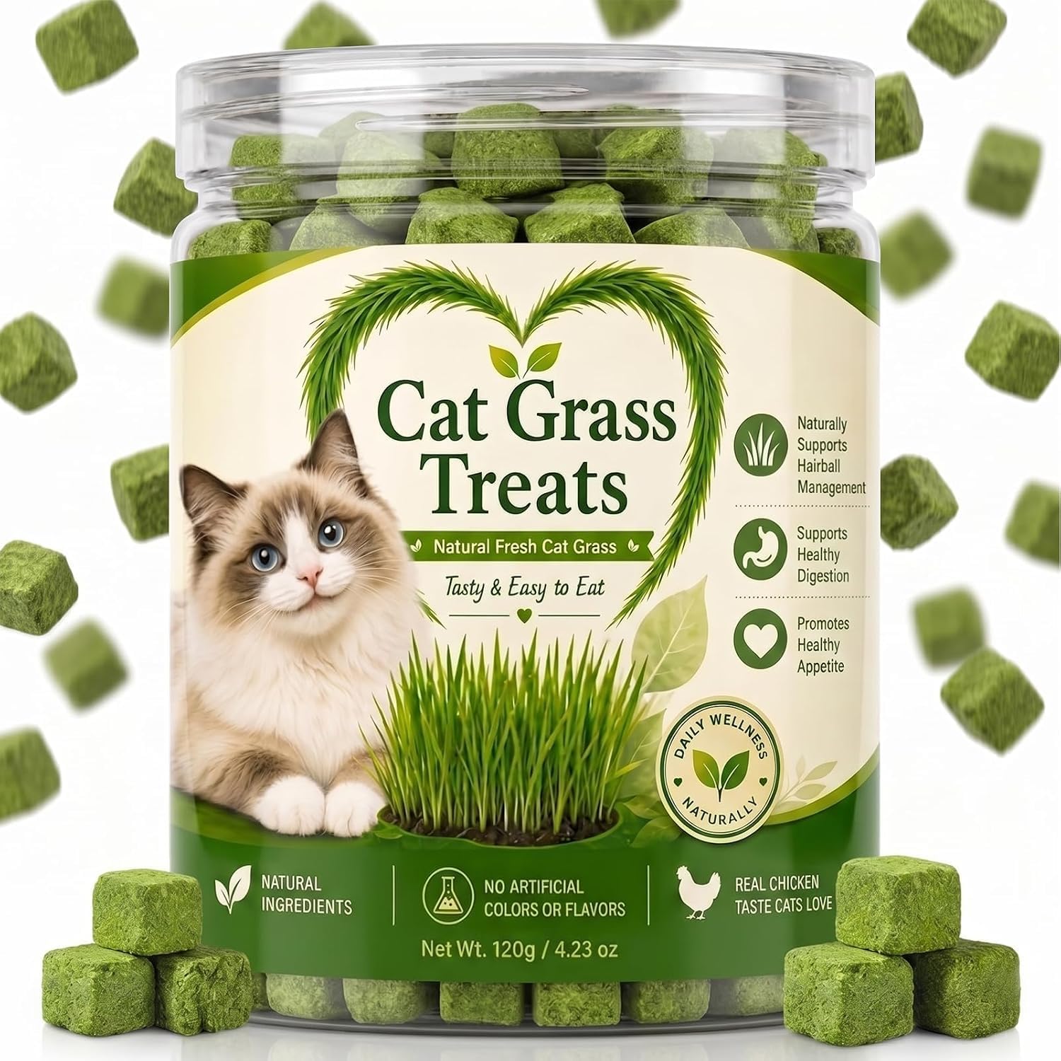 Cat Grass Treats for Indoor Cats, Natural Hairball Control Snacks with Catnip, Healthy Chewable Grass Pellets for Digestive Support, 4.23oz