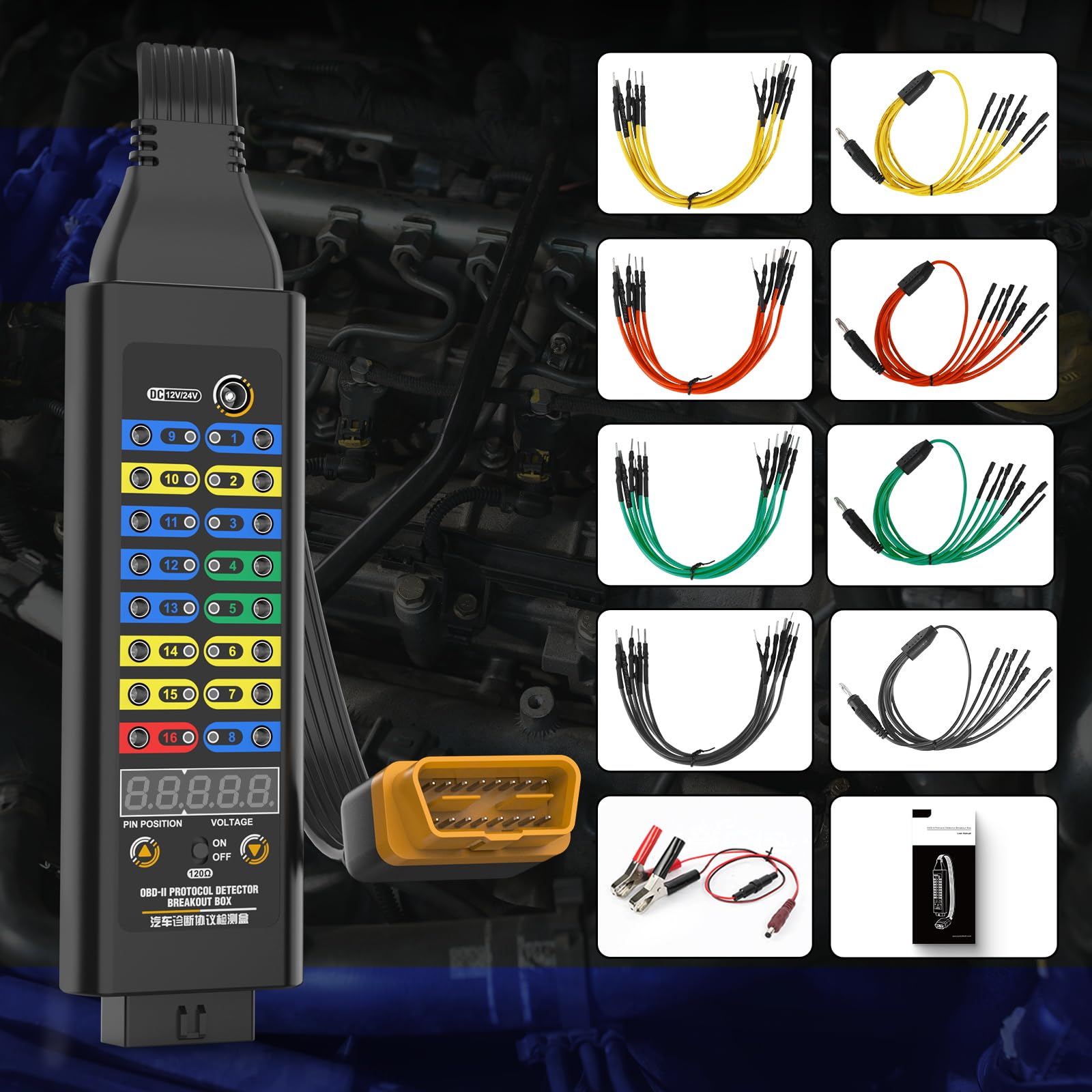 OBD2 Breakout Box detektor protokołu (model wysokiej jakości), kompatybilny z 12 V/24 V, rezystor 120 Ω w szeregu, narzędzie do diagnostyki błędów ze wskaźnikiem napięcia OBD i LED
