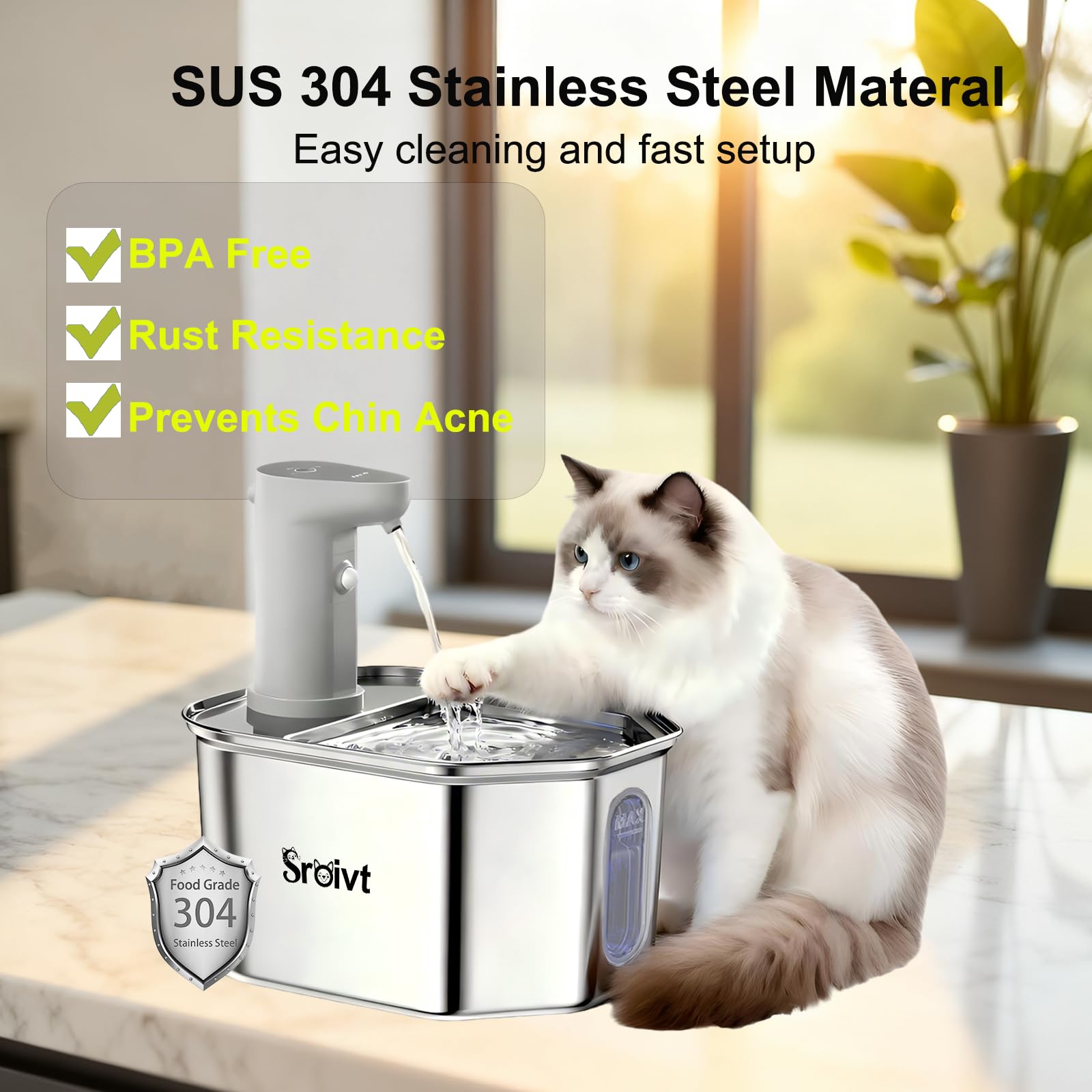 Cat Water Fountain Stainless Steel - cat Fountain - Water Fountains for Cats - pet Water Fountain - Dog Water Fountain - Stainless Steel cat Water Fountain Cordless - 88oz/2.6L,1Filters - image 6