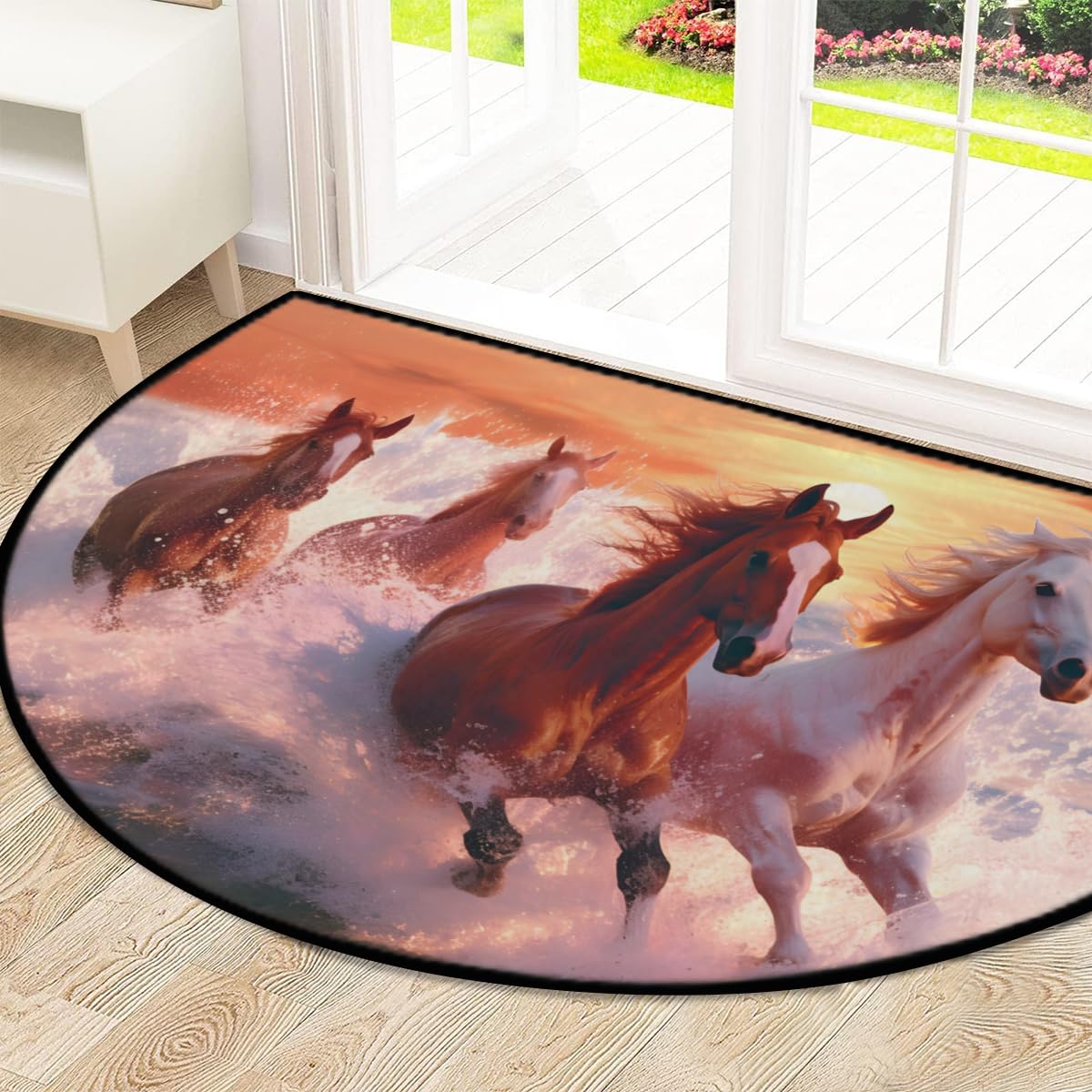 Mexpekil Paillasson demi-rond antidérapant lavable en demi-lune - Motif cheval - Coucher de soleil - Pour intérieur et extérieur - 100 x 160 cm