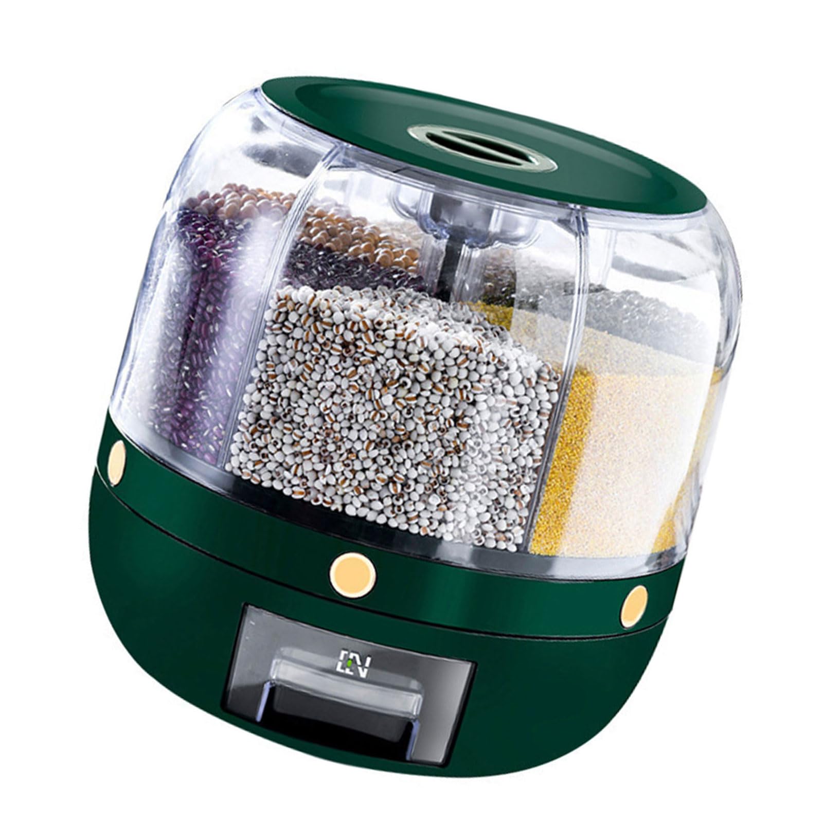 HDOYTXXM 360 Degree Rotating Dry Food Storage Container Grains Bucket with 6 Compartments Rice Dispenser Box Kitchen Supplies Removable Dividers Food Storage