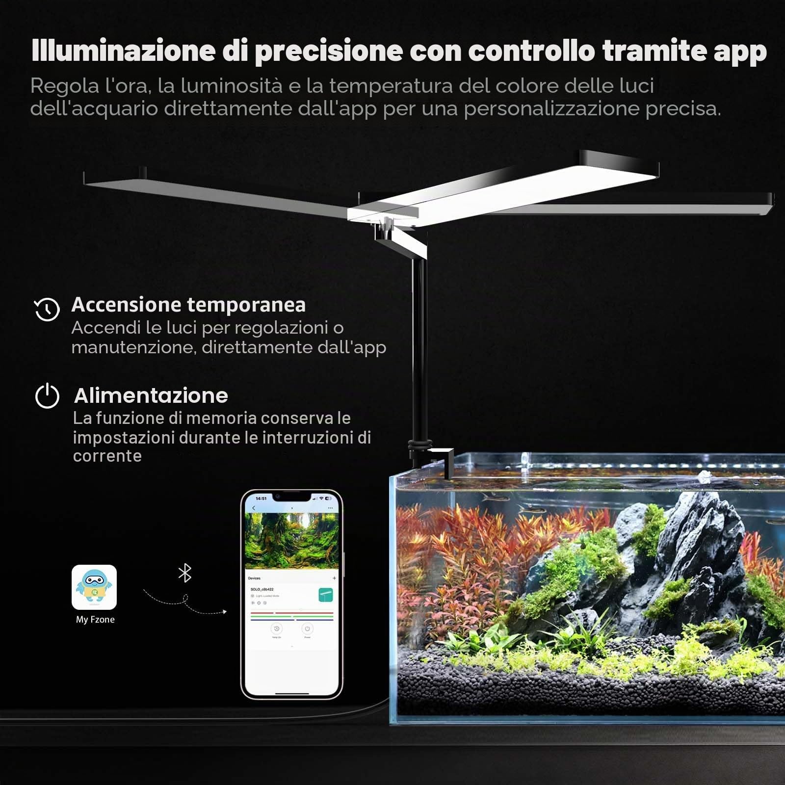 FZONE SOLO Serie Nano LED Lampada Acquario Spettro Completo Dimmerabile App Acquario Dolce Piantumato