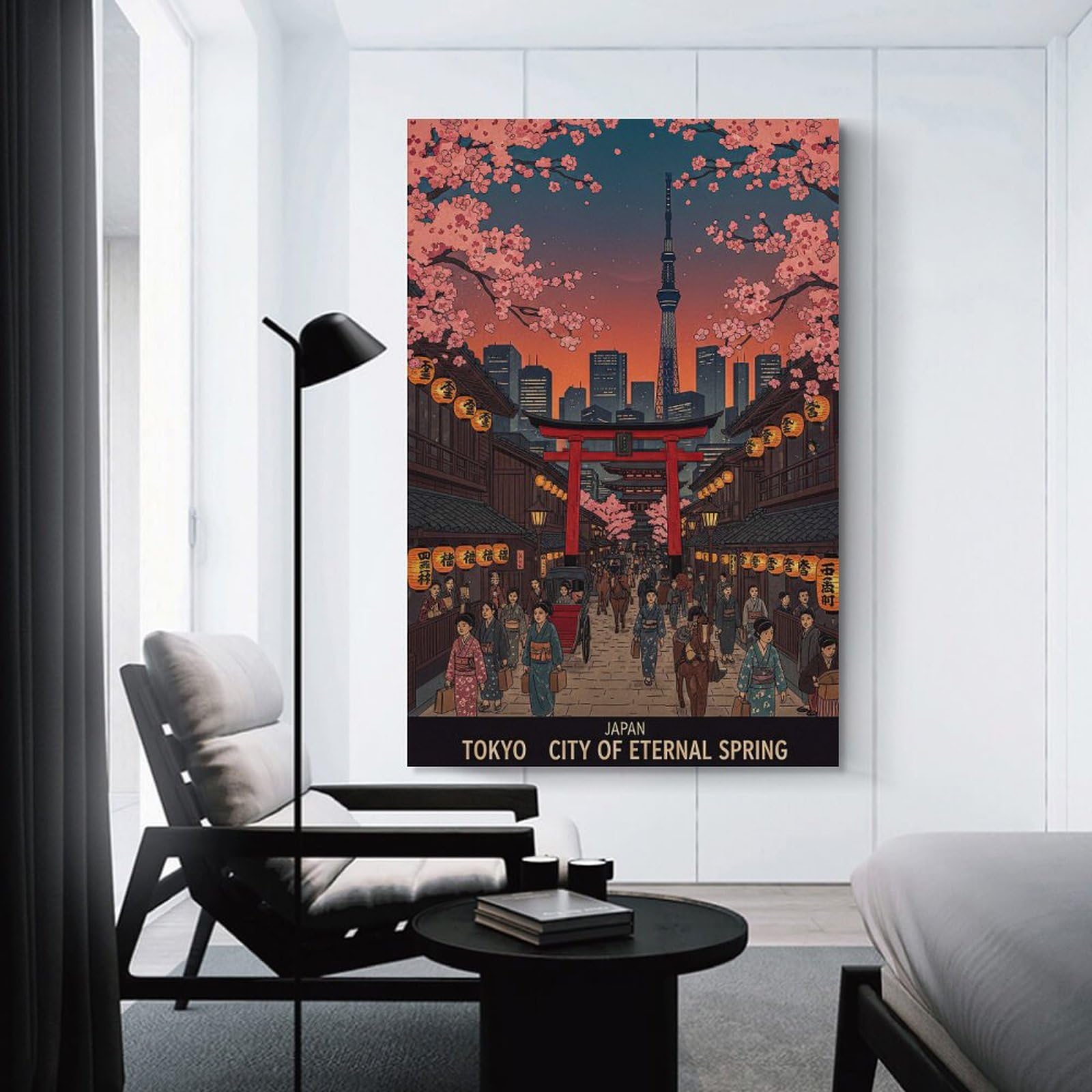 Junmoney Tokyo Cityscape with Cherry Blossoms(2) Canvas Wall Decor, 24x36inch(60x90cm), for Home Lounge, Bedroom Or Reading Nook, Modern Wall Decor for Cosy Interiors