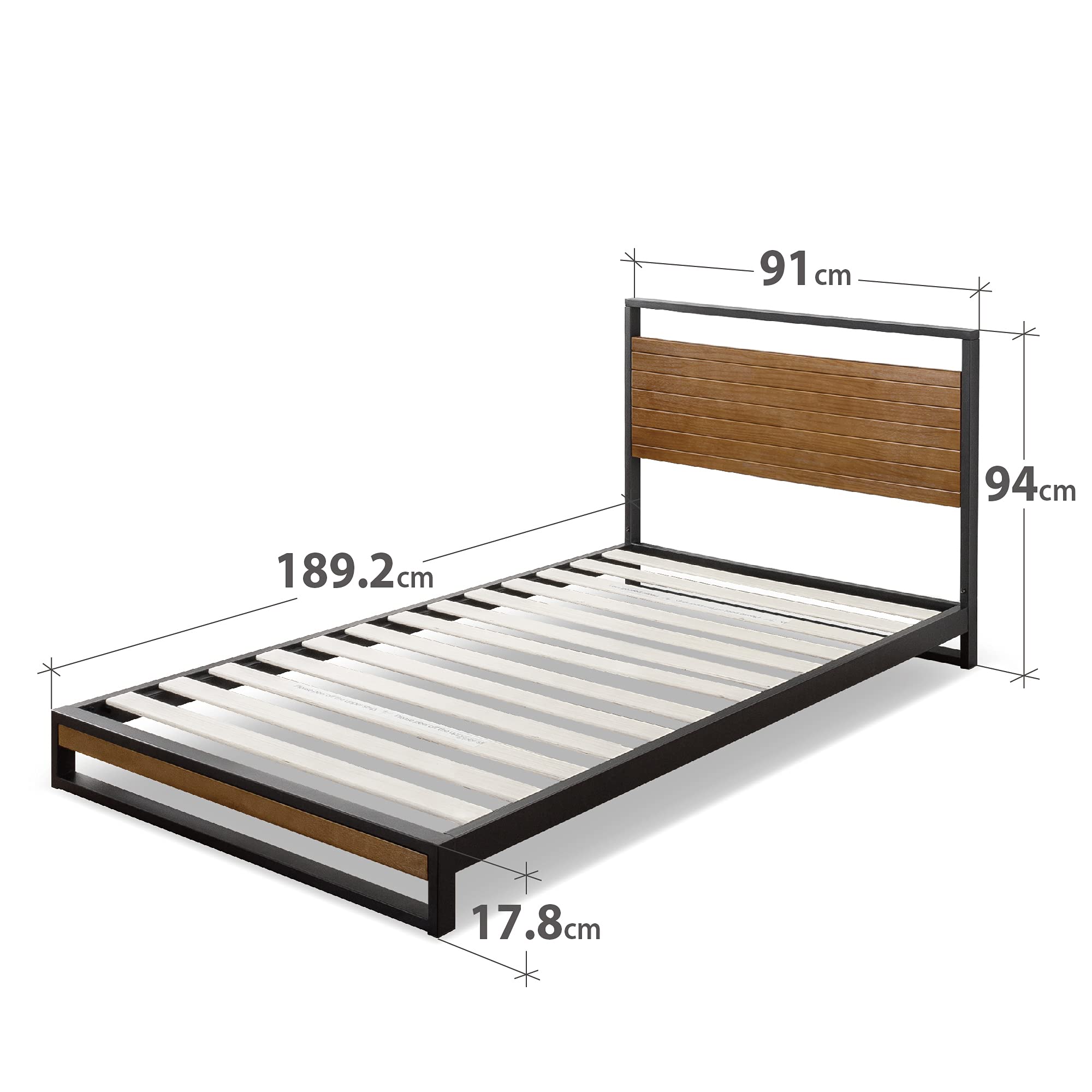 Zinus Estructura de Cama de Metal Acero y Madera Maciza Suzanne de 18 cm, Somier de Láminas de Madera, para Adultos, Niños, Adolescentes, Montaje Sencillo, 90 x 190 cm, Castaño