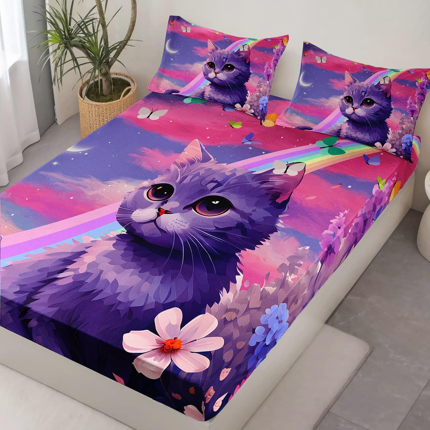 HOSIMA Cat Fitted Sheets Full Size Bed Rainbow Bedding,Kawaii Toddler Bedding Sets for Girls Teens Room Decor Aesthetic,Floral Fitted Sheet Purple Fitted Sheet with 2 Pillowcases.