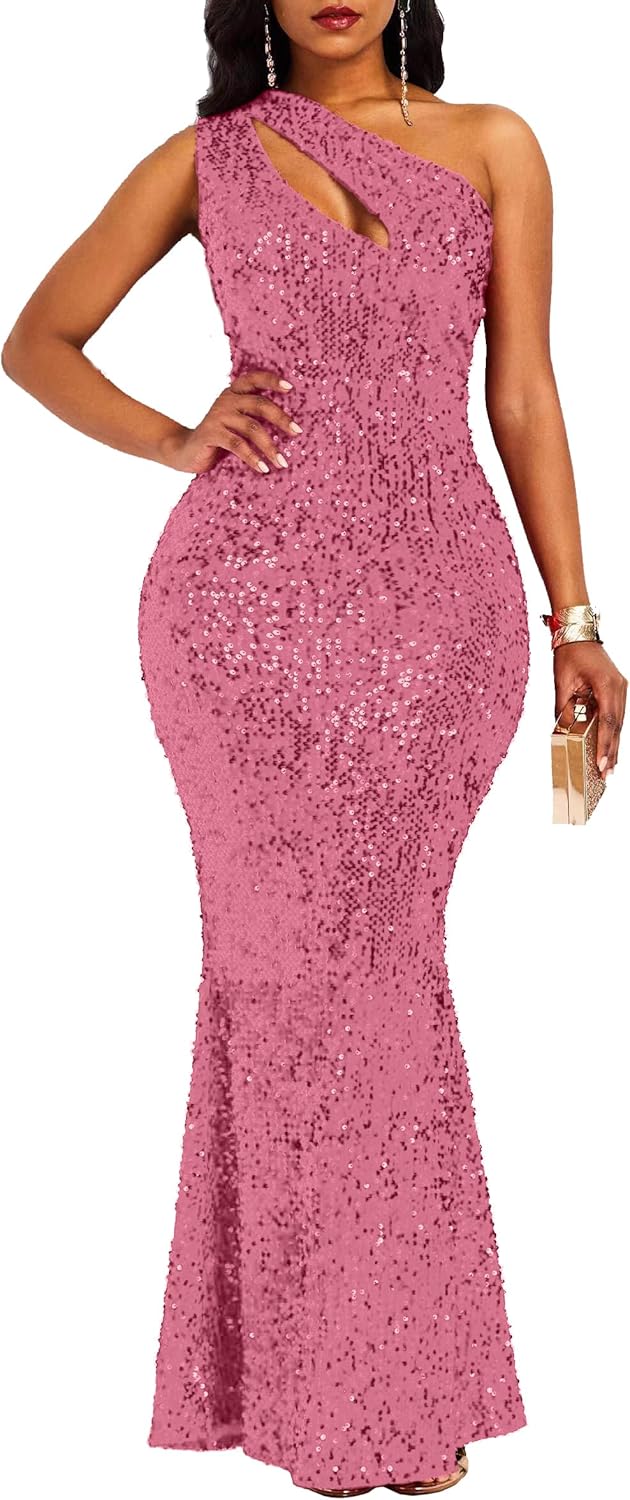 VERWIN Sequins Fashion Sleeveless Oblique Collar Mermaid Women's Maxi Dress Bodycon Dress Party Dress