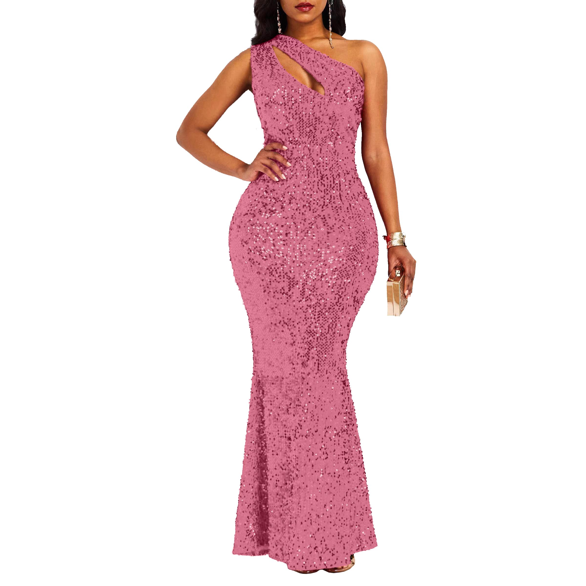 VERWIN Sequins Fashion Sleeveless Oblique Collar Mermaid Women's Maxi Dress Bodycon Dress Party Dress