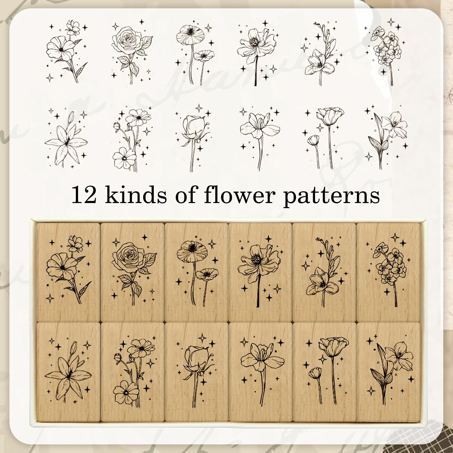 12 Pieces Flower Wooden Rubber Stamps, Vintage Plant and Floral Rubber Wooden Mounted Stamp Set for Crafting, DIY Craft, Scrapbooking, Painting, Letters Diary, Card Making