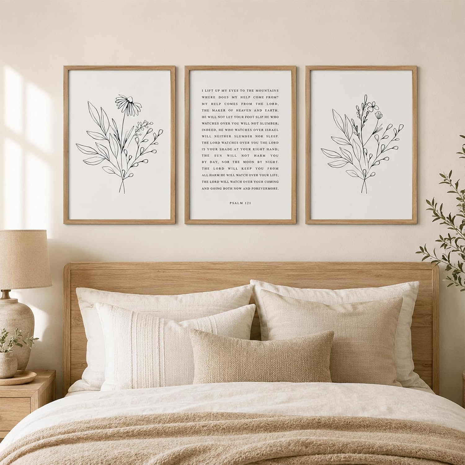 3 Pcs Psalm 121 Bible Verse Canvas Wall Art, Black and White Modern Minimalist Floral Scripture Prints, Gallery Wrapped Decor for Living Room Bedroom Church Prayer Room, 12x16 Inch Ready to Hang