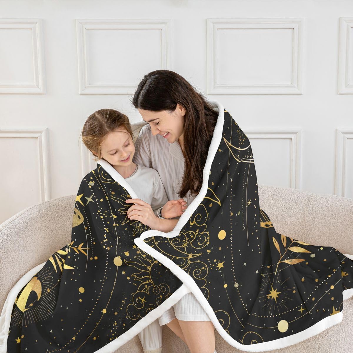jejeloiu Moth Fleece Throw Blanket 40"x50" Bohe Plush Blanket for Bed Sofa Couch Bohemian Sherpa Blanket Breathable Sun Moon Warm Fuzzy Blanket Room Decor