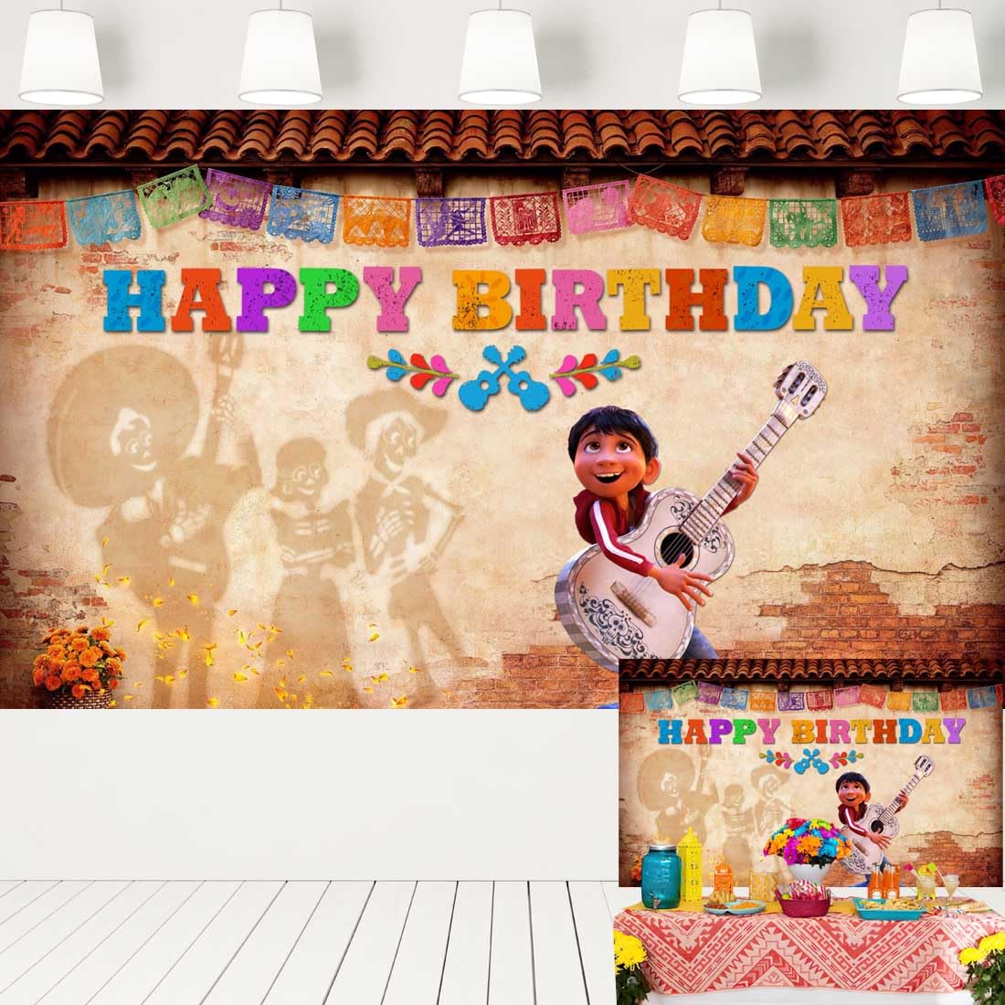 Coco Birthday Party Backdrop Mexico Style Brown Wall Background Vintage Style Banner Decorations for Cake Table Kids Party Supplies 5x3 ft 524, Blue and red